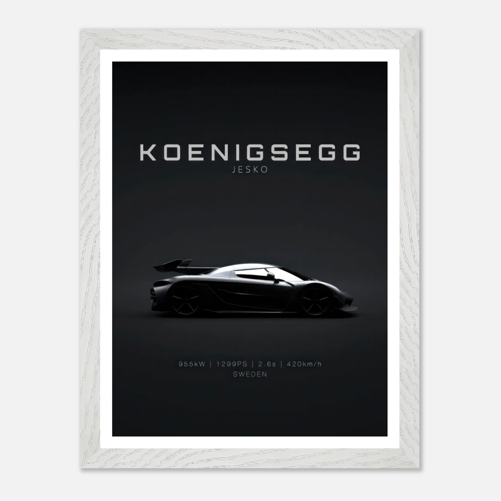 Koenigsegg Jesko vintage framed art featuring a sleek silhouette against a minimalist black background.