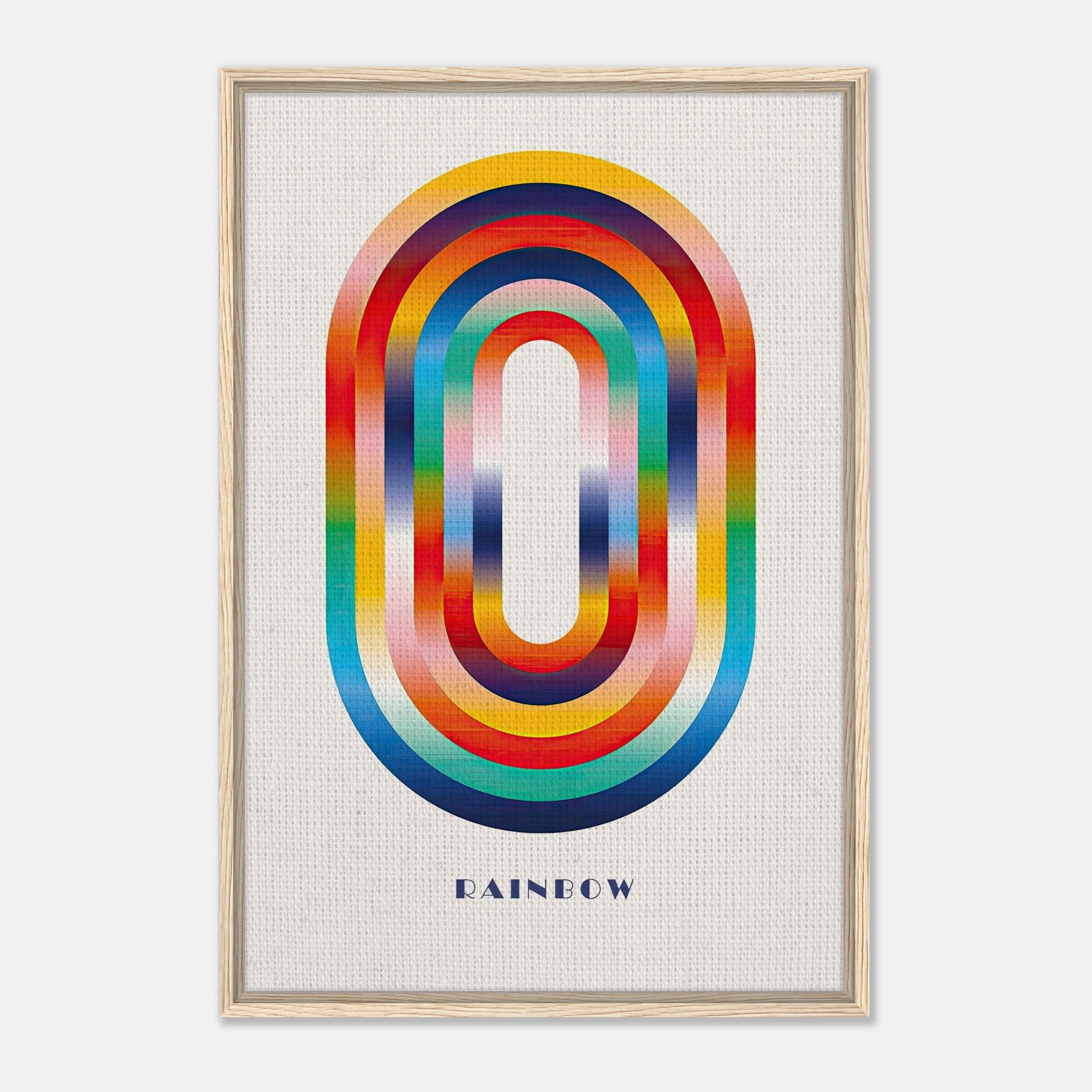 Framed canvas print of abstract rainbow geometric art with dynamic layered shapes and vibrant colors.
