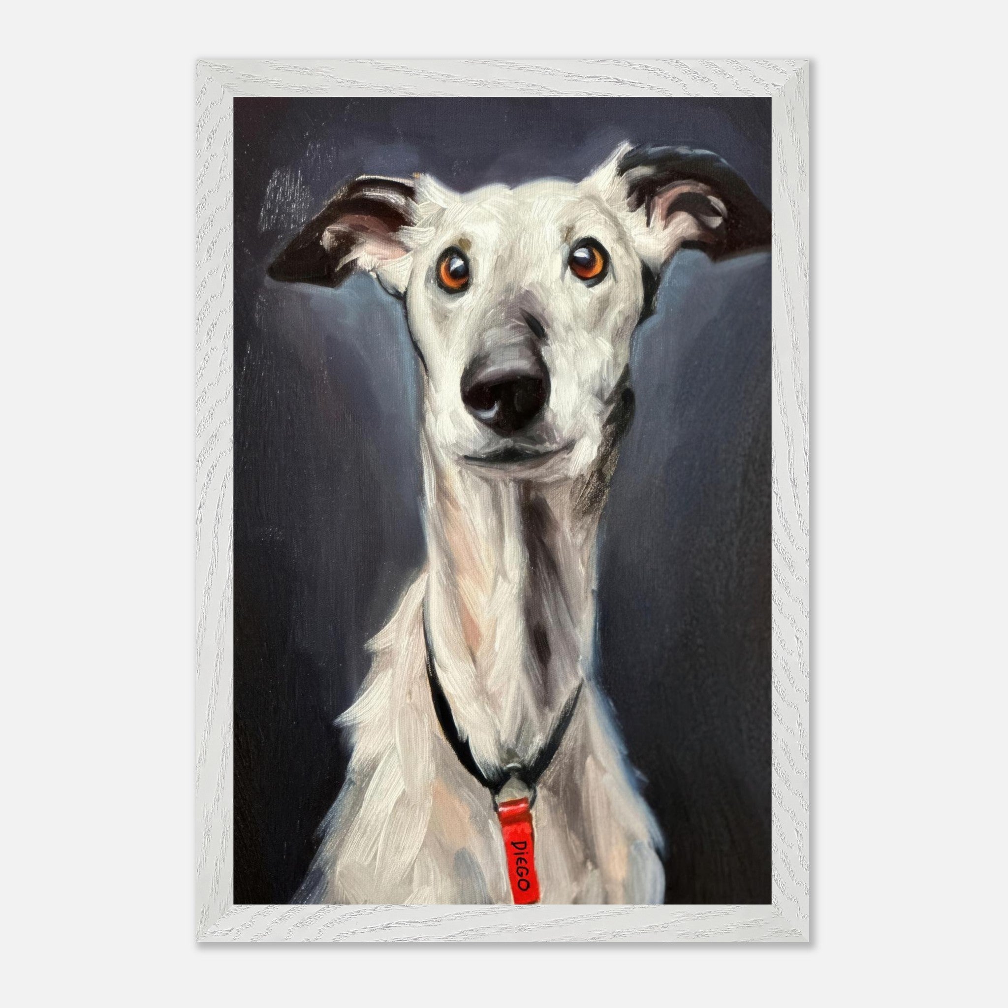 Museum quality painting of a Greyhound dog, showcasing its soulful expression and graceful features.