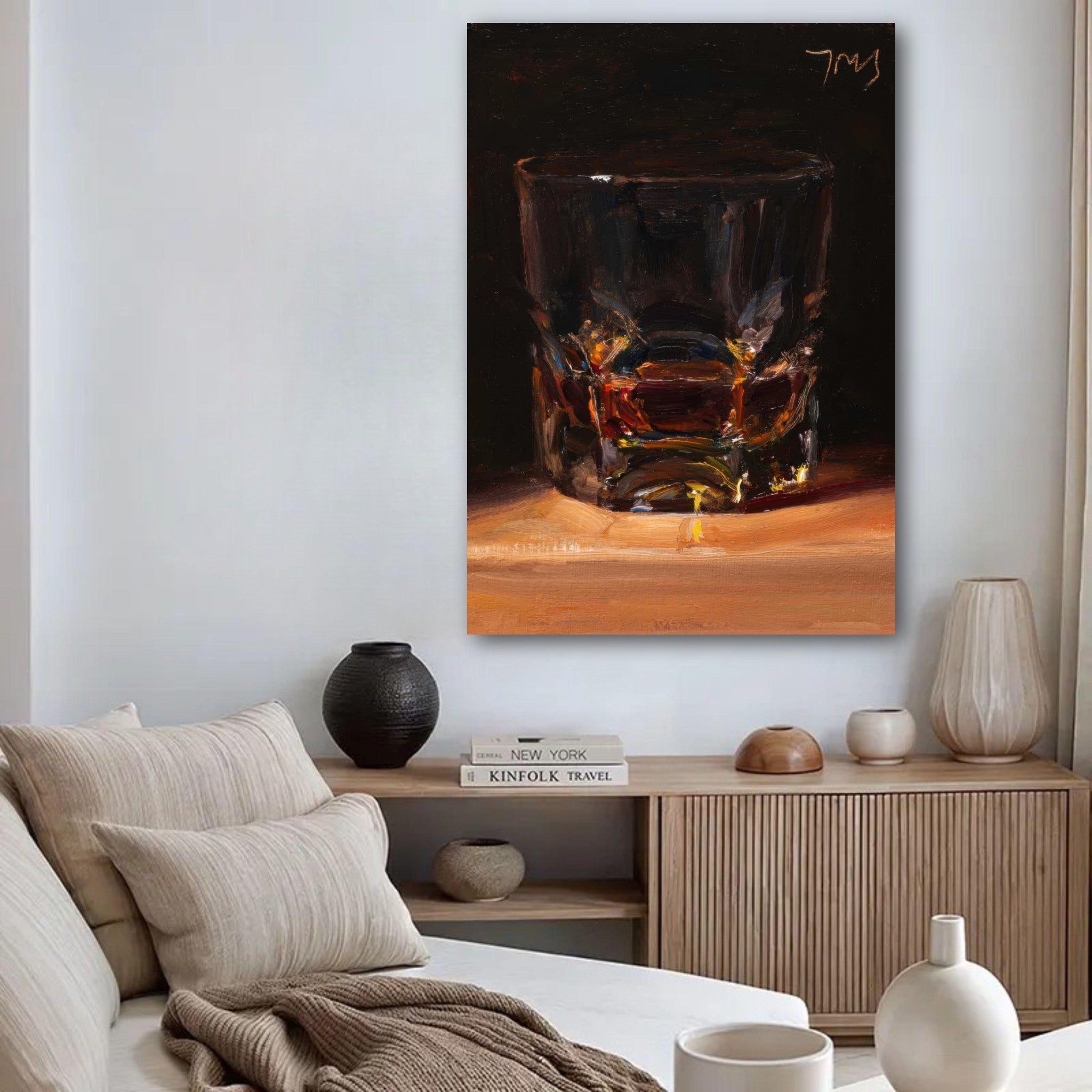 Whiskey poster depicting a glass with amber liquid, enhancing modern kitchen decor with sophistication.