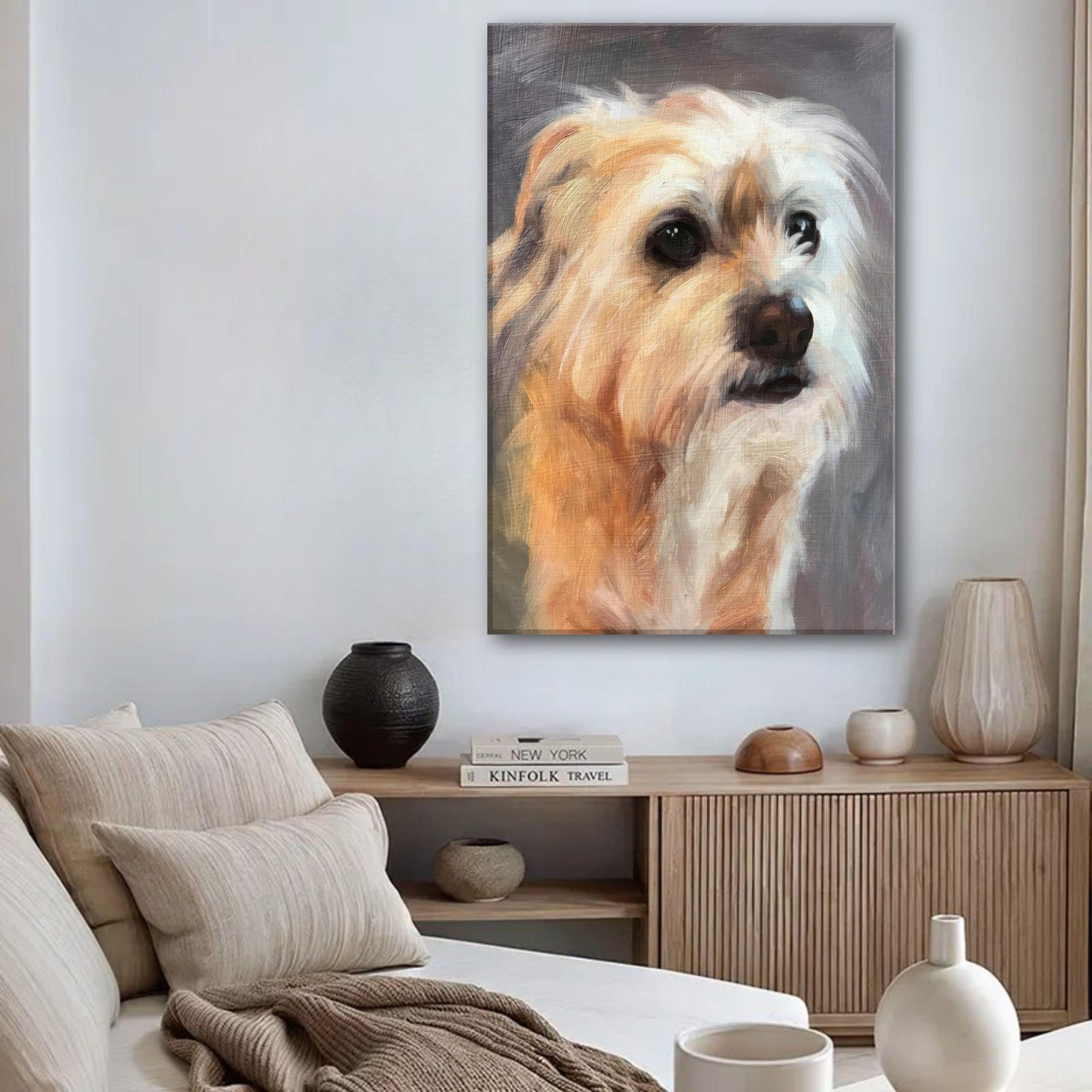 Terrier dog painting canvas print in a modern living room setting, showcasing expressive eyes and warm brushstrokes.