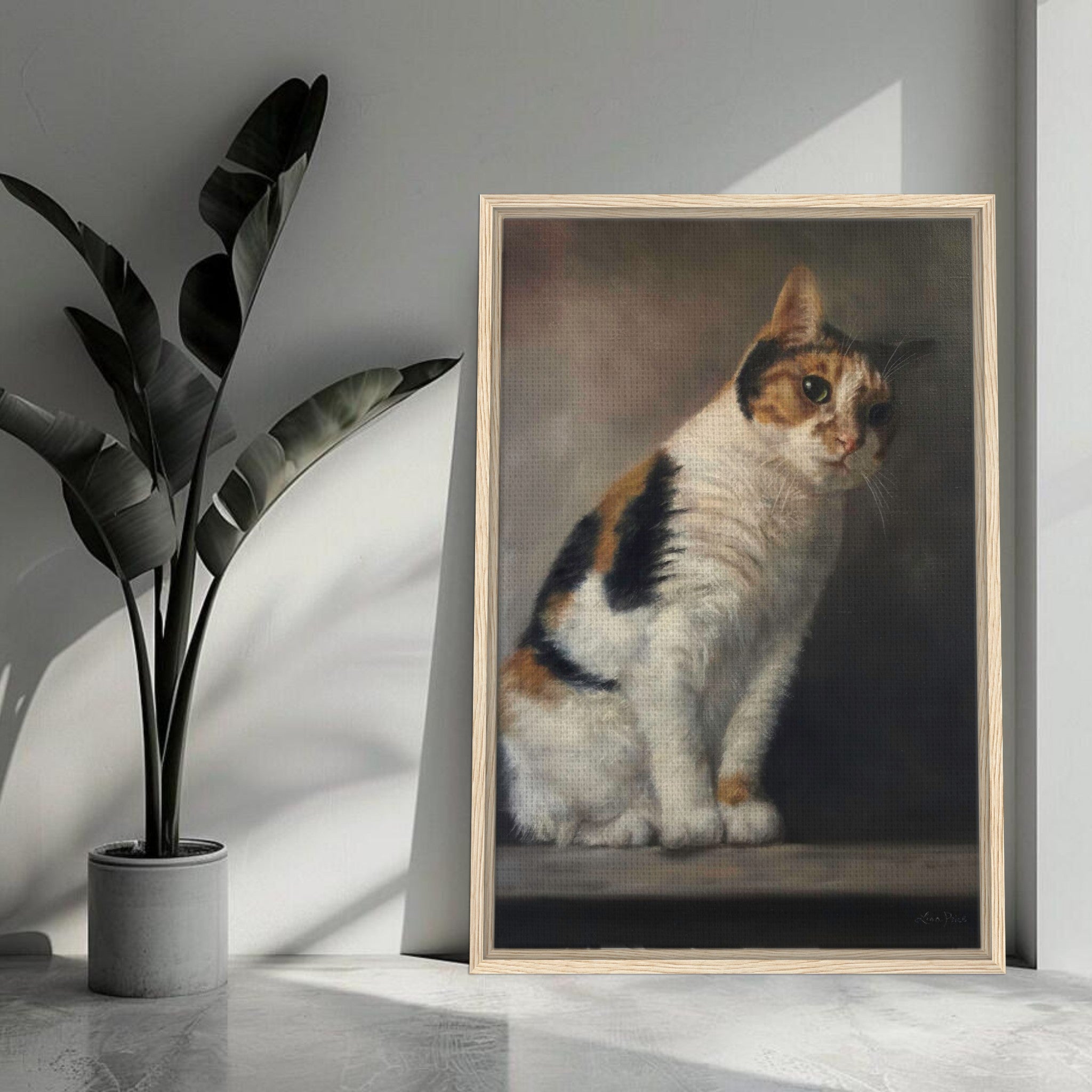 Realistic portrait painting of a calico cat in a stylish frame, displayed against a minimalist background.