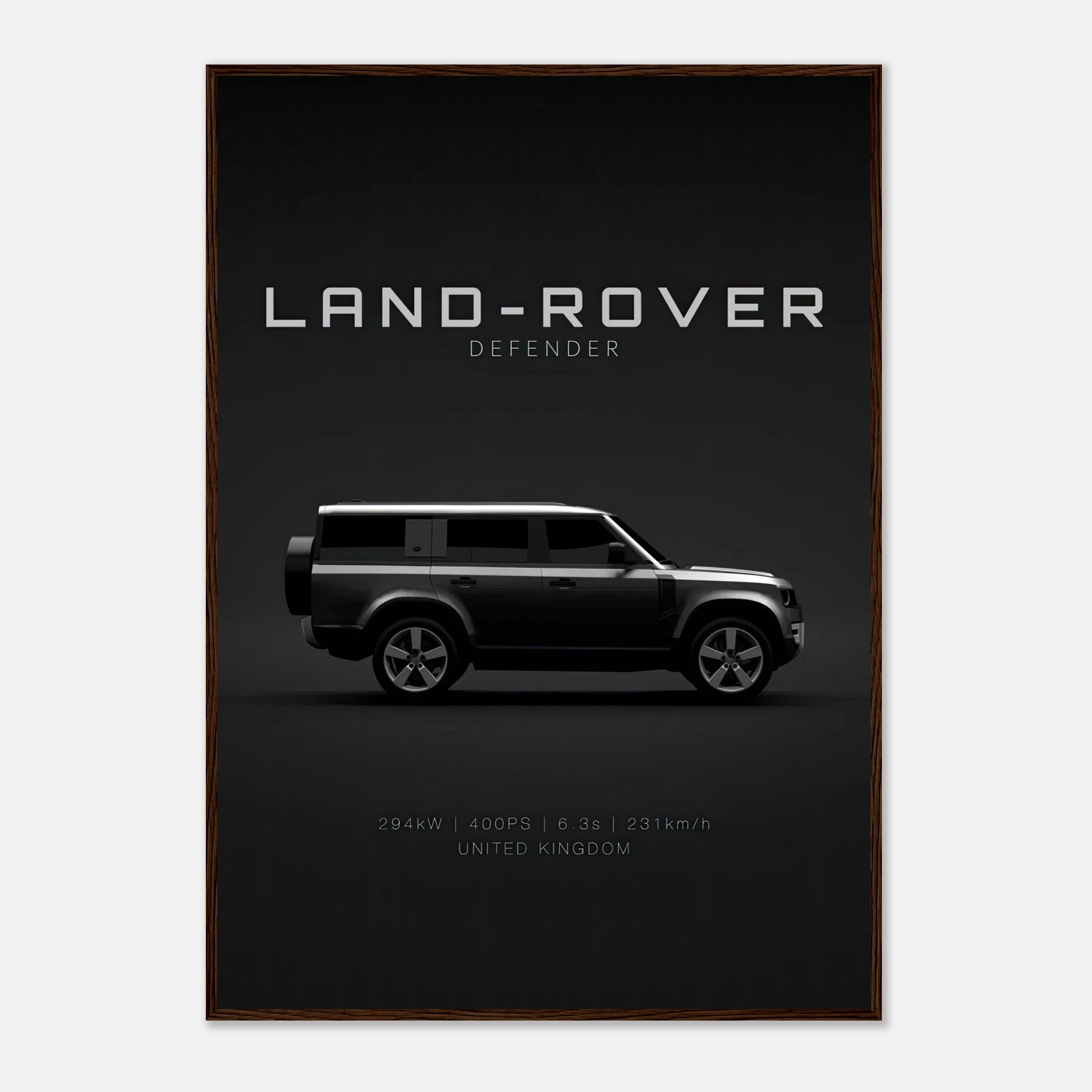 Framed print of Land Rover Defender showcasing its side profile and specifications in a minimalist design.