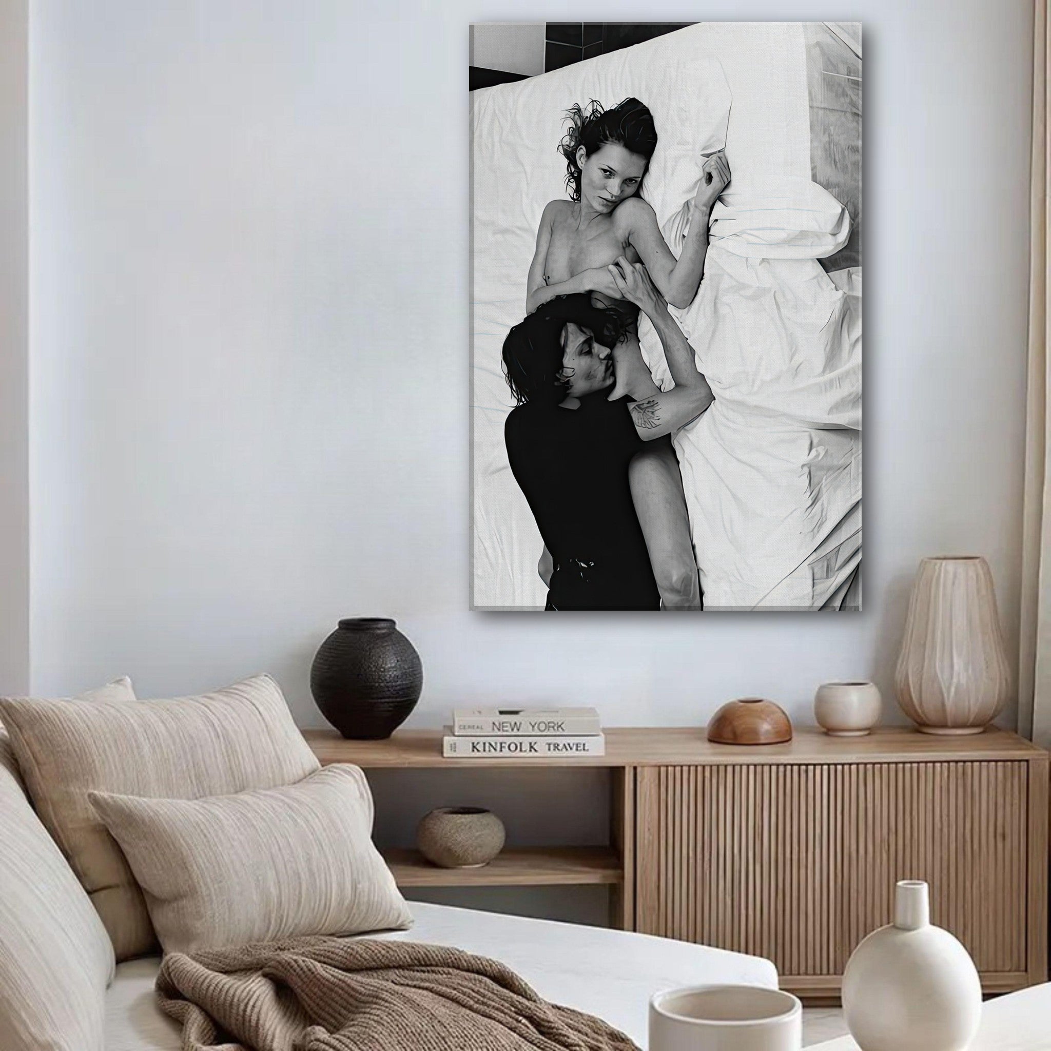 Kate Moss and Johnny Depp canvas print, 1994 black-and-white art, iconic couple decor, 90s glamour in living room.