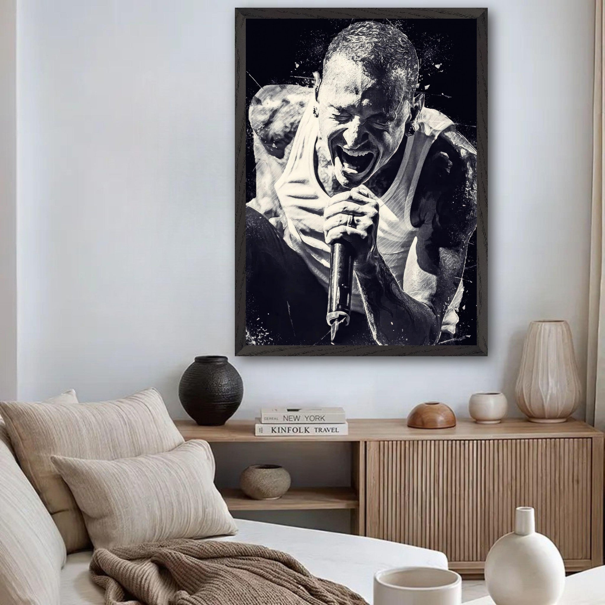 Chester Bennington fine art print displayed in a modern living room, highlighting the intensity of the iconic singer.