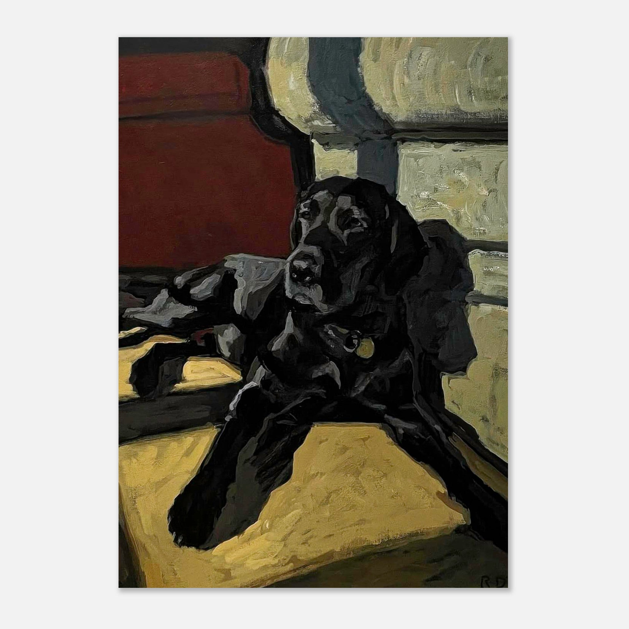 Black Labrador dog painting poster showcasing a relaxed Labrador in warm tones, perfect for dog lovers.