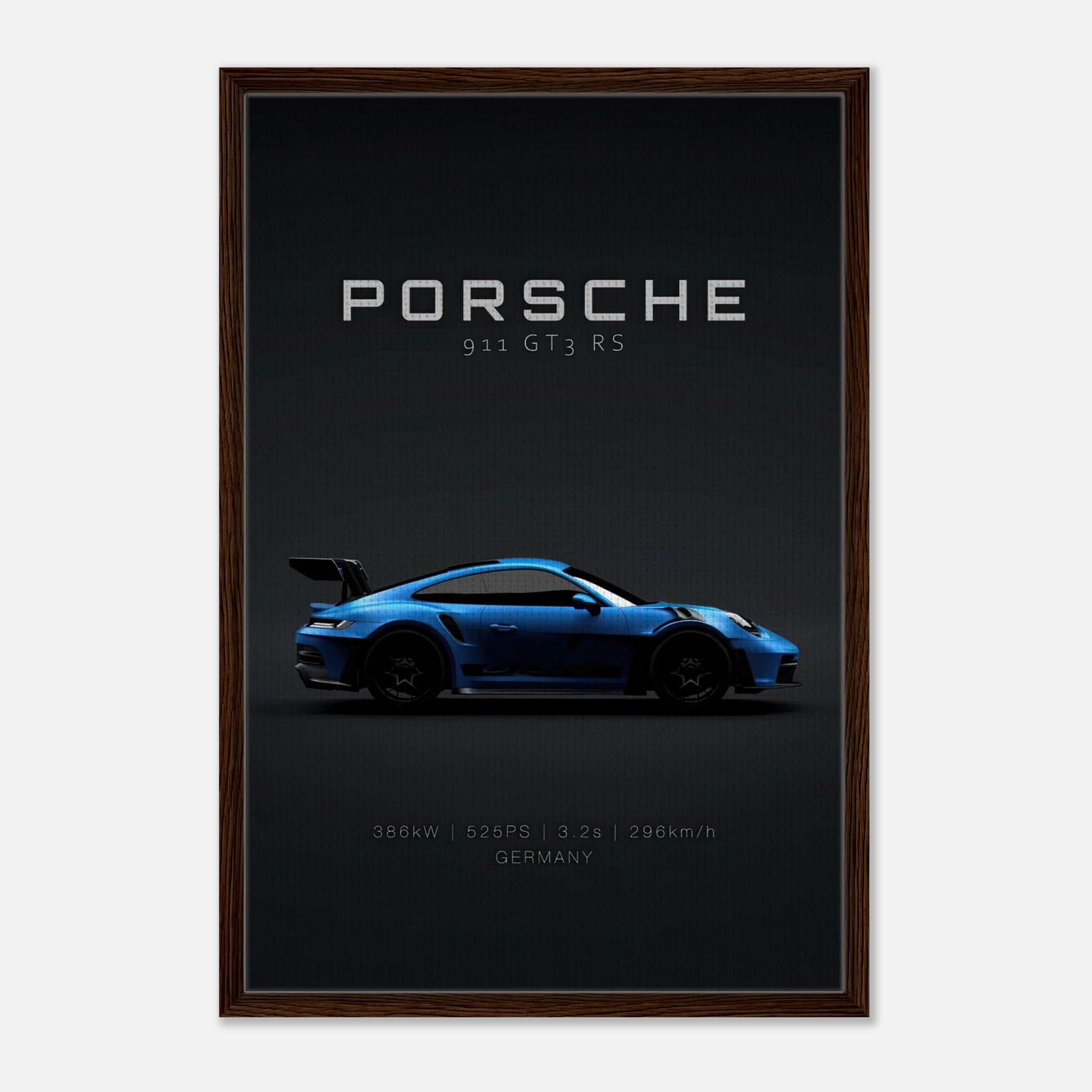 Porsche 911 GT3 RS framed canvas print showcasing sleek blue sports car on minimalist black background.