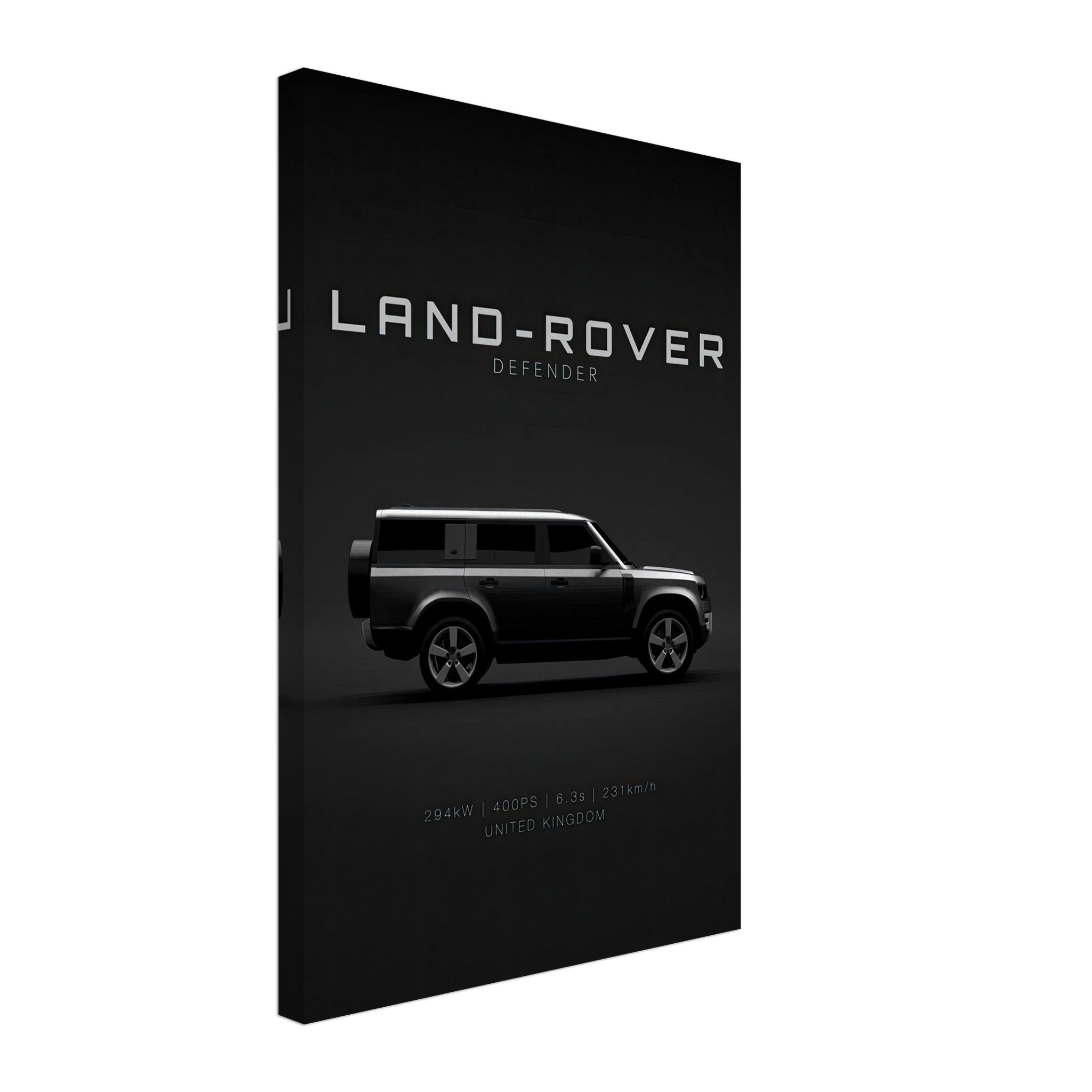 Land Rover Defender canvas art featuring a minimalist design and striking side profile against a black background.