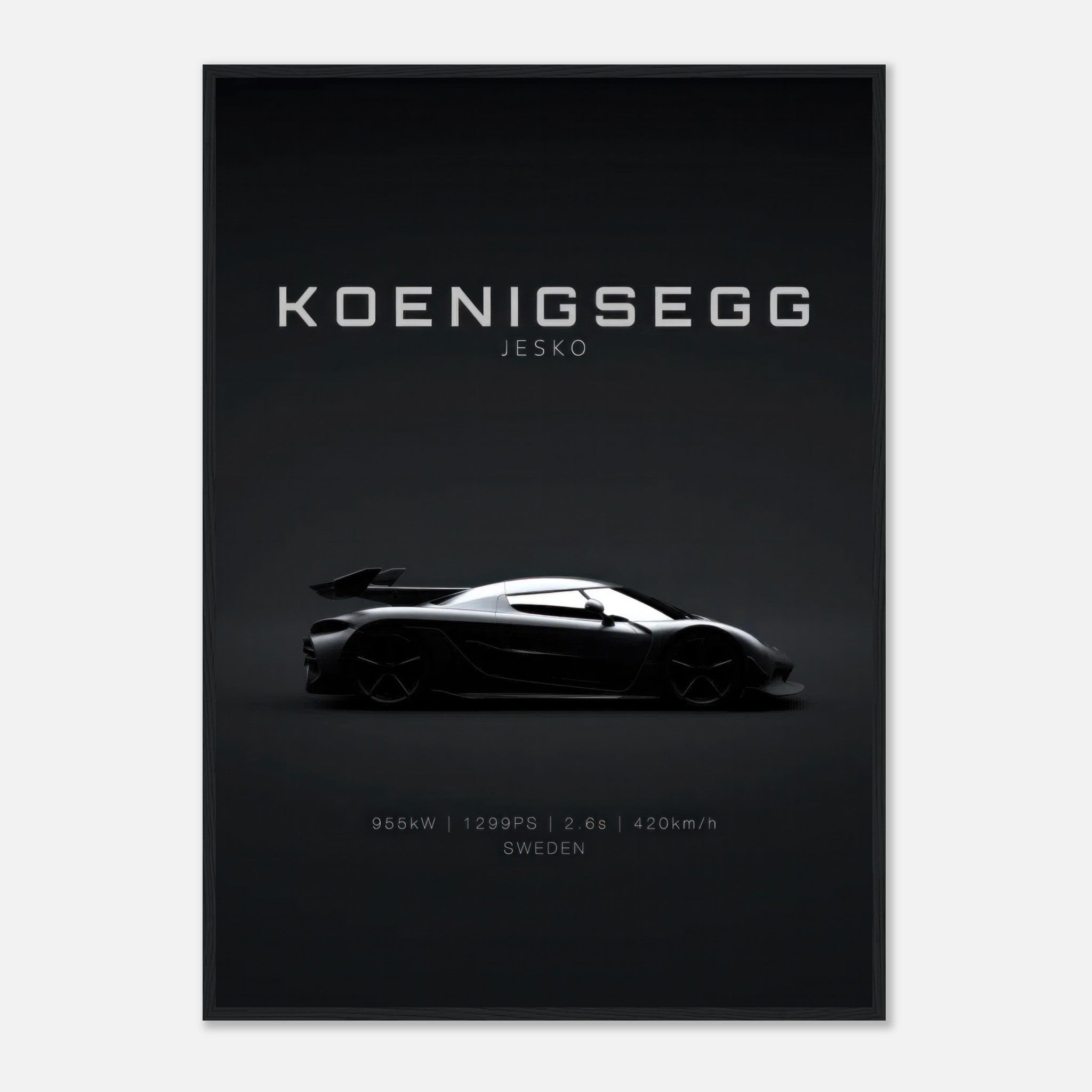 Koenigsegg Jesko framed poster features sleek silhouette and minimalist design, celebrating automotive excellence.