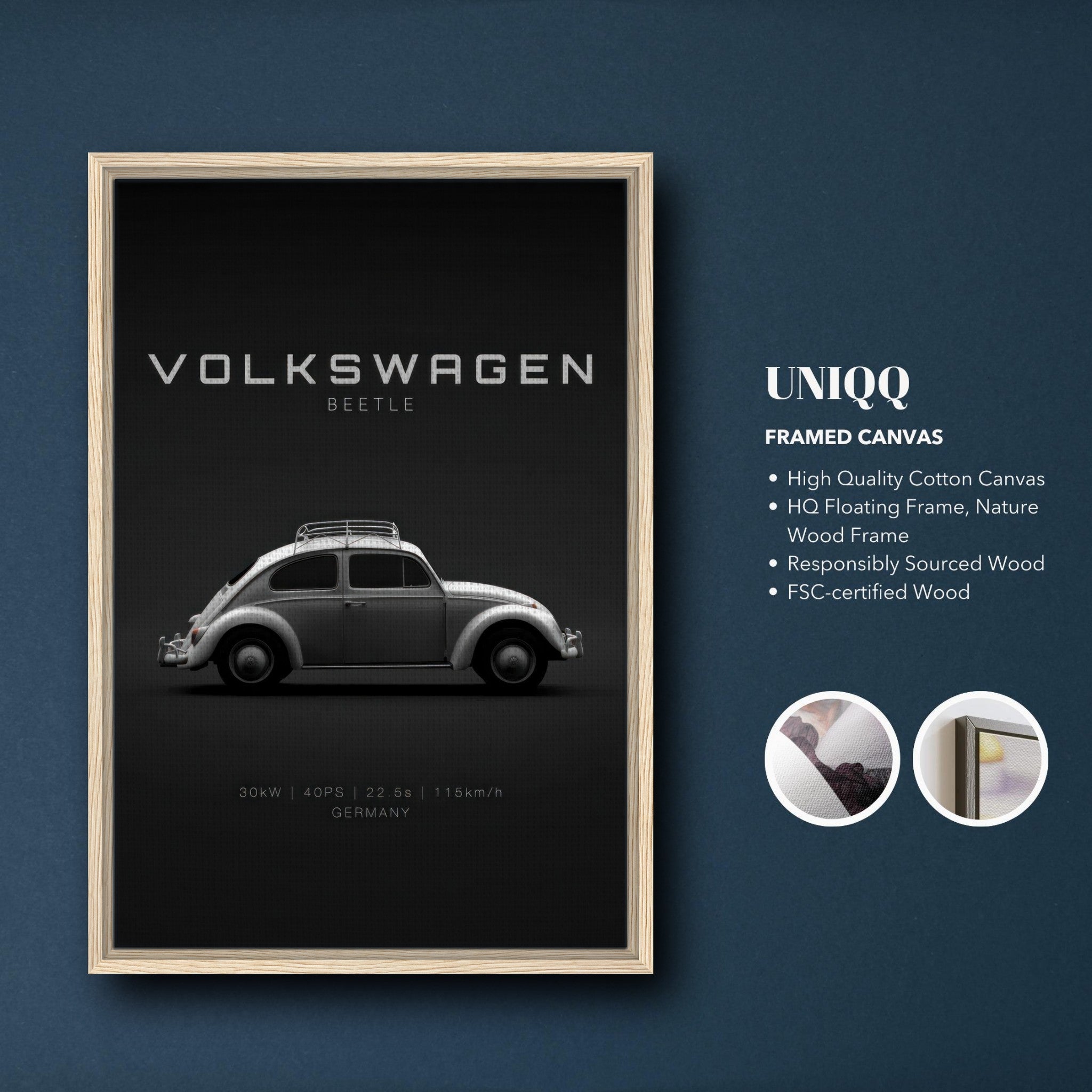 Framed canvas of Volkswagen Beetle showcasing vintage design on black background with minimalist typography.