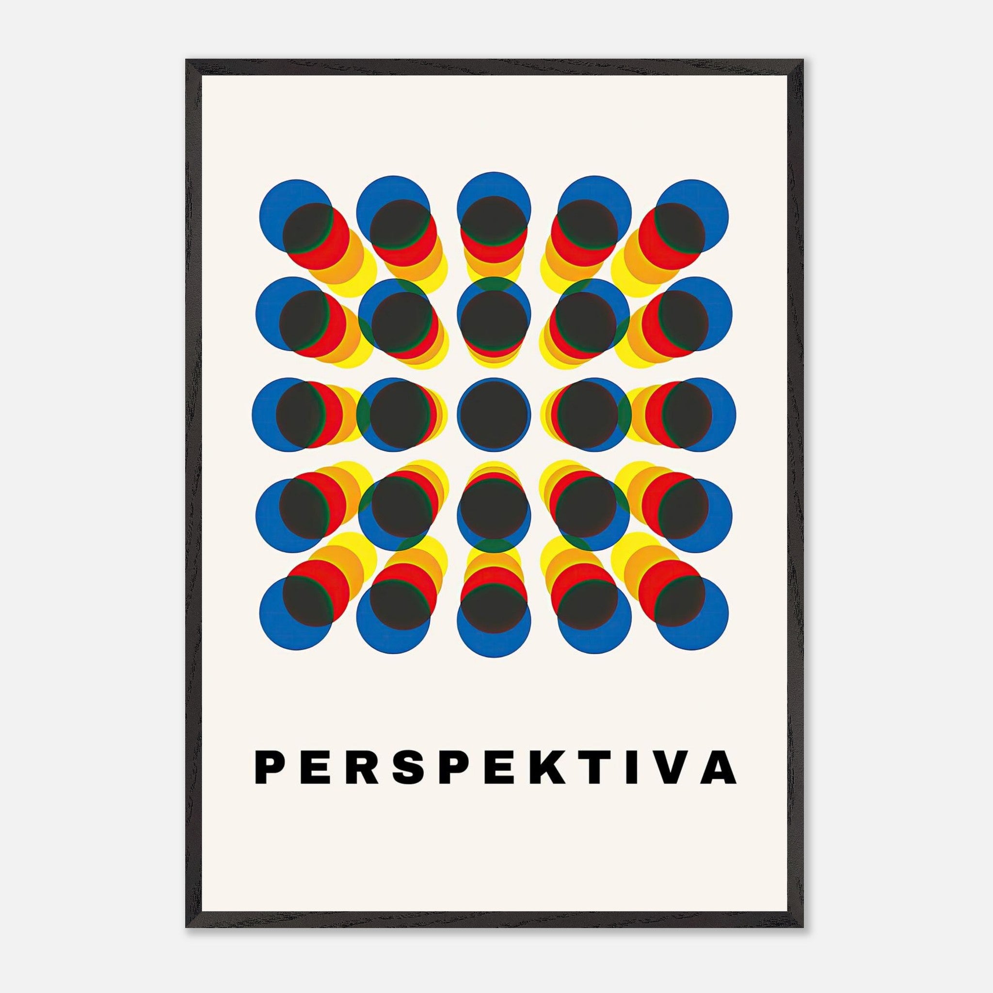 Perspective Abstract Art Vintage Framed Print featuring geometric design and bold colors with the word 'PERSPEKTIVA'.
