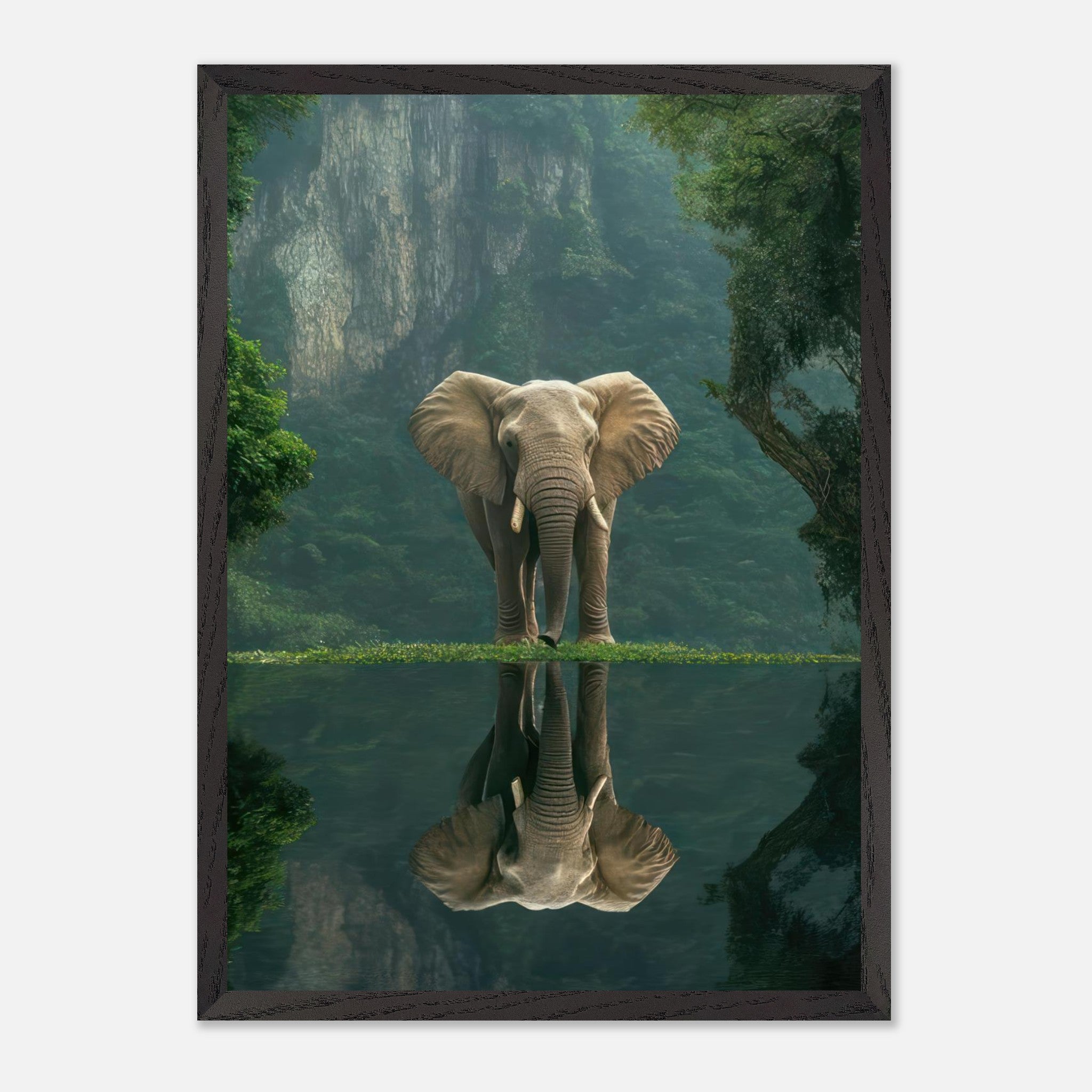 Jungle Elephant Portrait Vintage Framed Print with serene water reflection in lush forest backdrop.