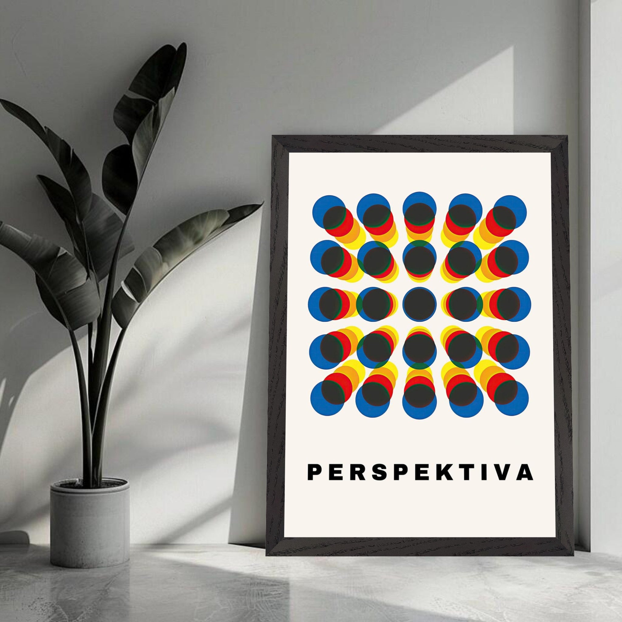 Perspective Abstract Art vintage framed print showcasing a geometric design with bold colors and the word 'PERSPEKTIVA'.