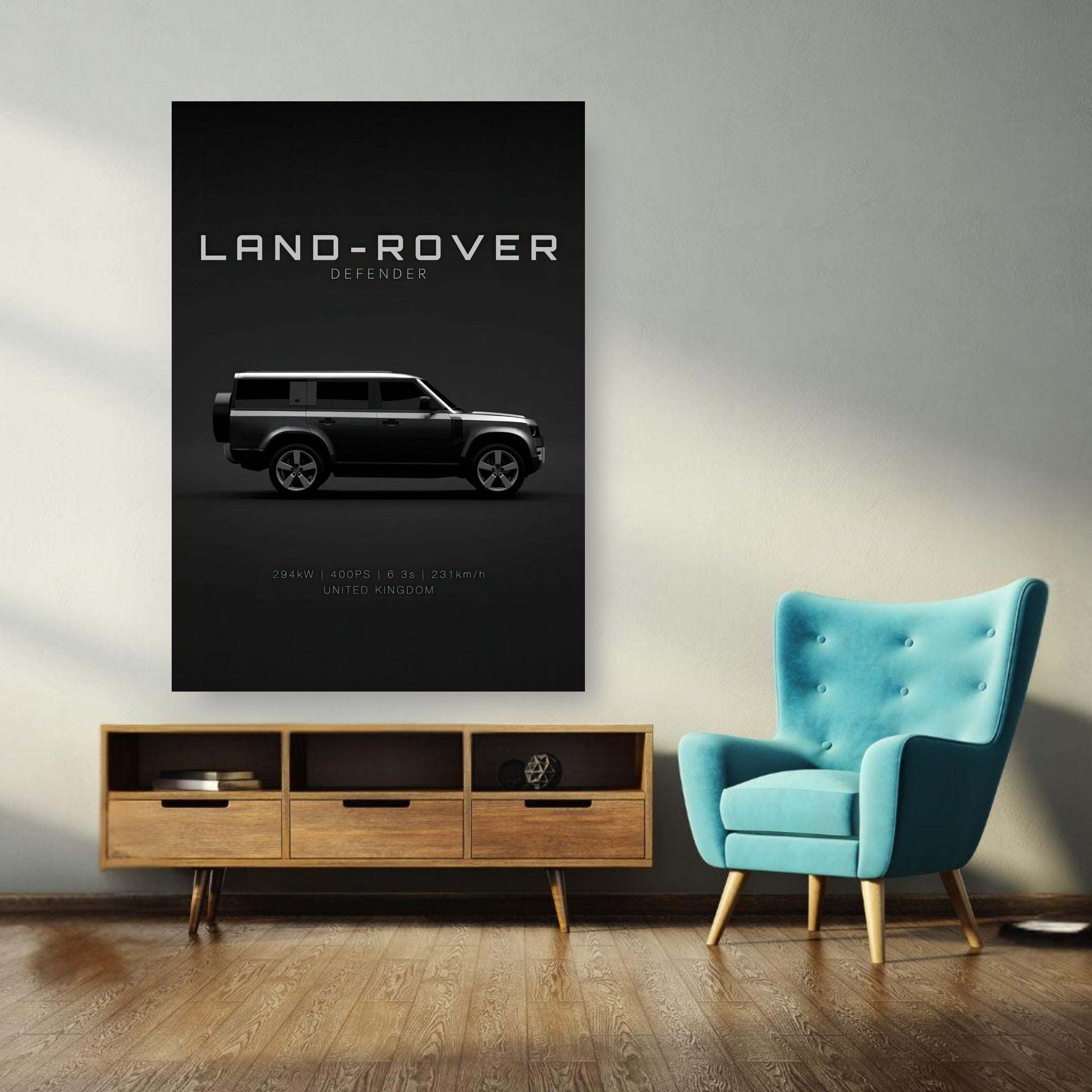 Land Rover Defender poster displayed in a modern interior, showcasing iconic design on a dark backdrop.