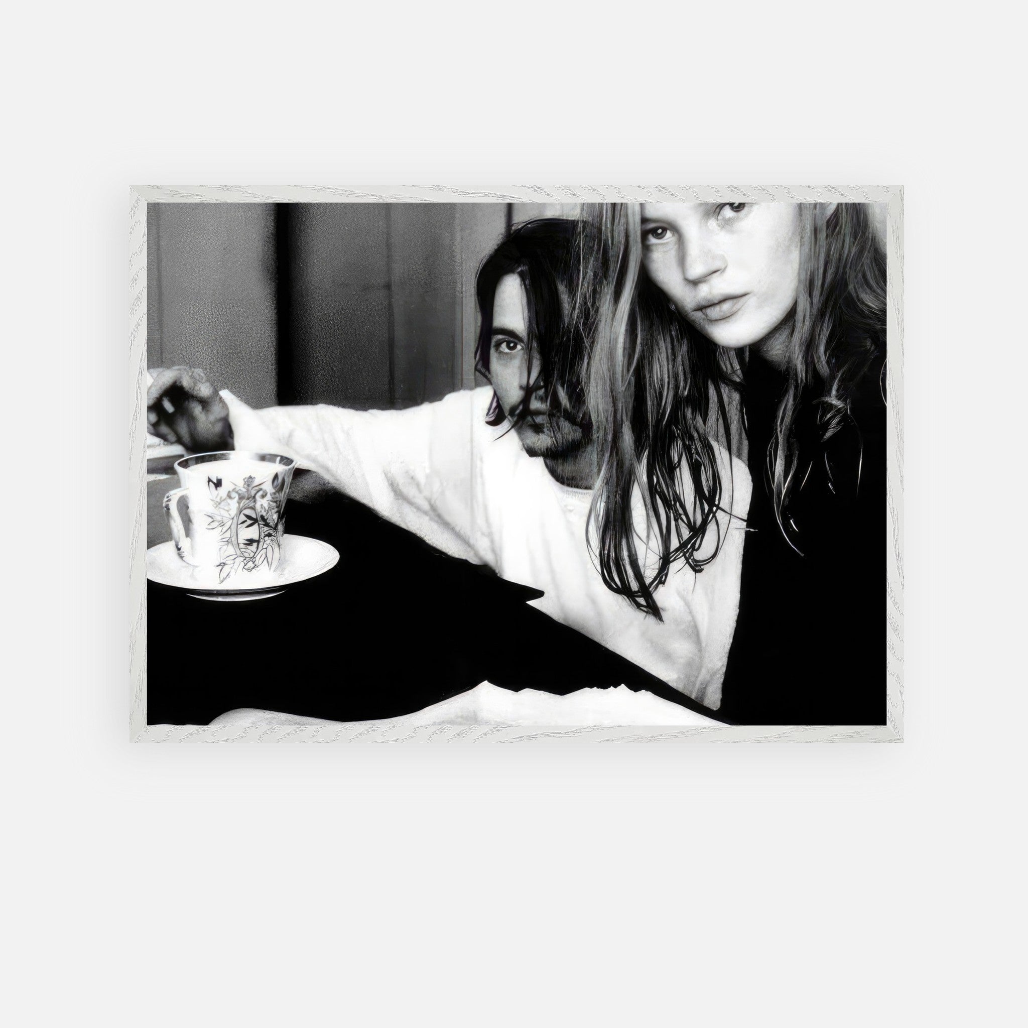 Black-and-white fine art print of Johnny Depp and Kate Moss, capturing 90s romance and rebellion, by François-Marie Banier.