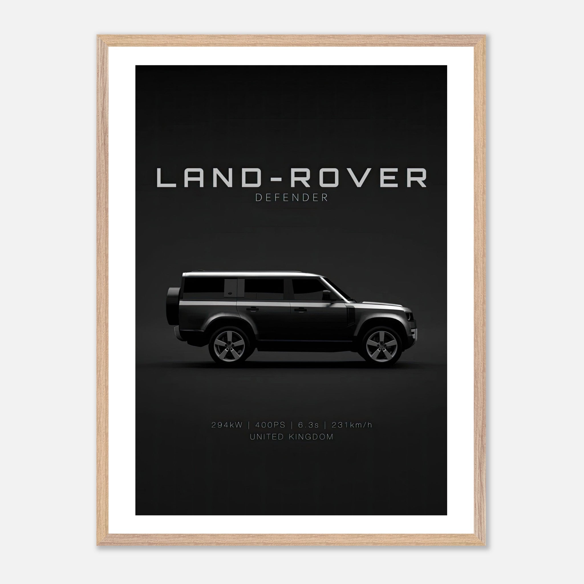 Framed vintage art of a Land Rover Defender on a black background, showcasing its iconic design.
