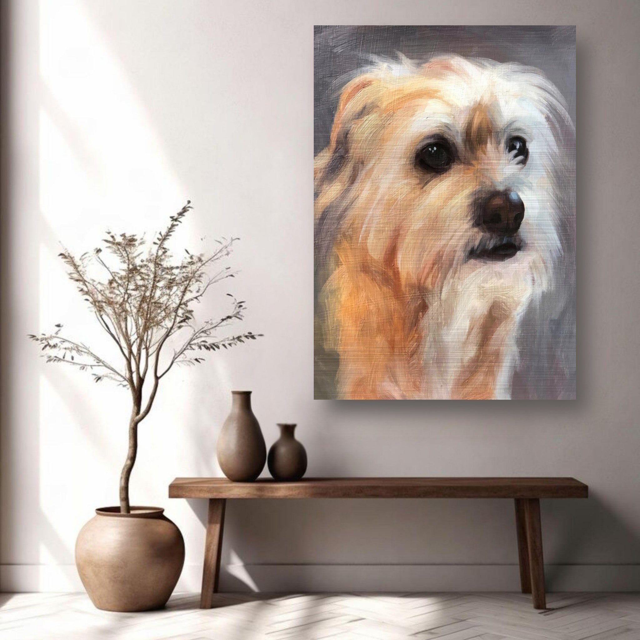 Terrier dog painting on brushed metal, showcasing intricate details and vibrant colors, displayed in a stylish interior setting.