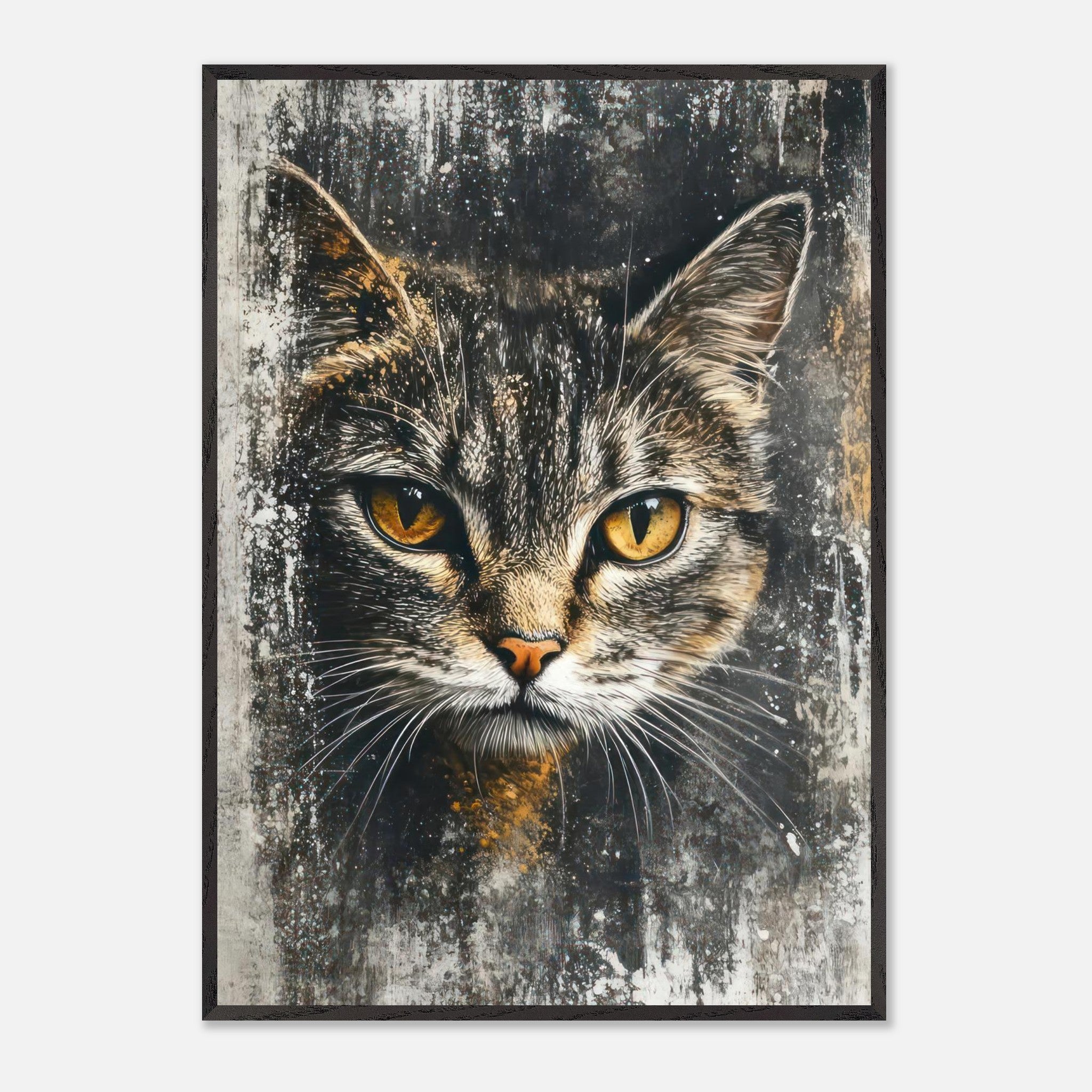 Cat painting artwork featuring a majestic feline with golden eyes on a textured background.