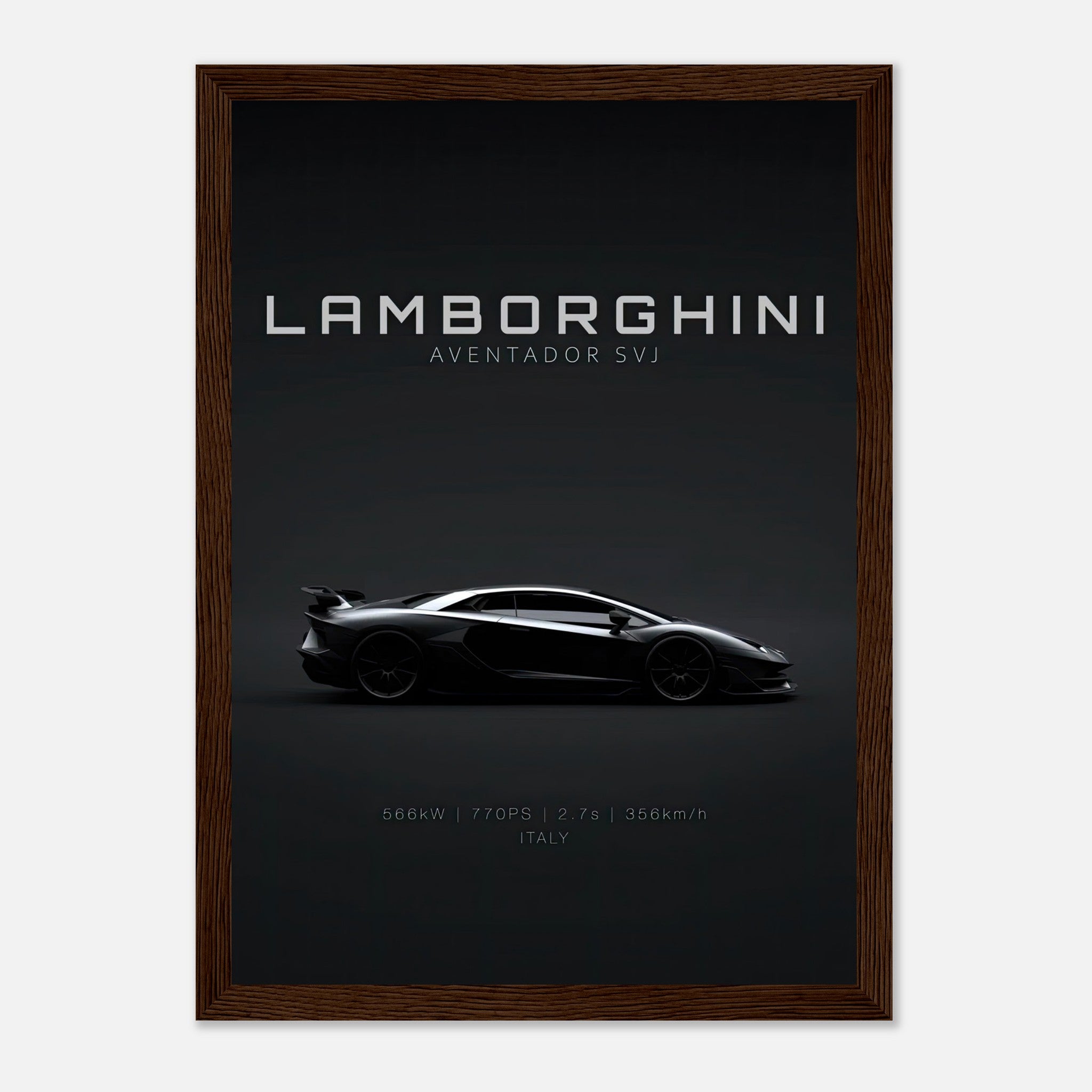 Lamborghini Aventador SVJ framed poster showcasing sleek silhouette and design details in high-definition.