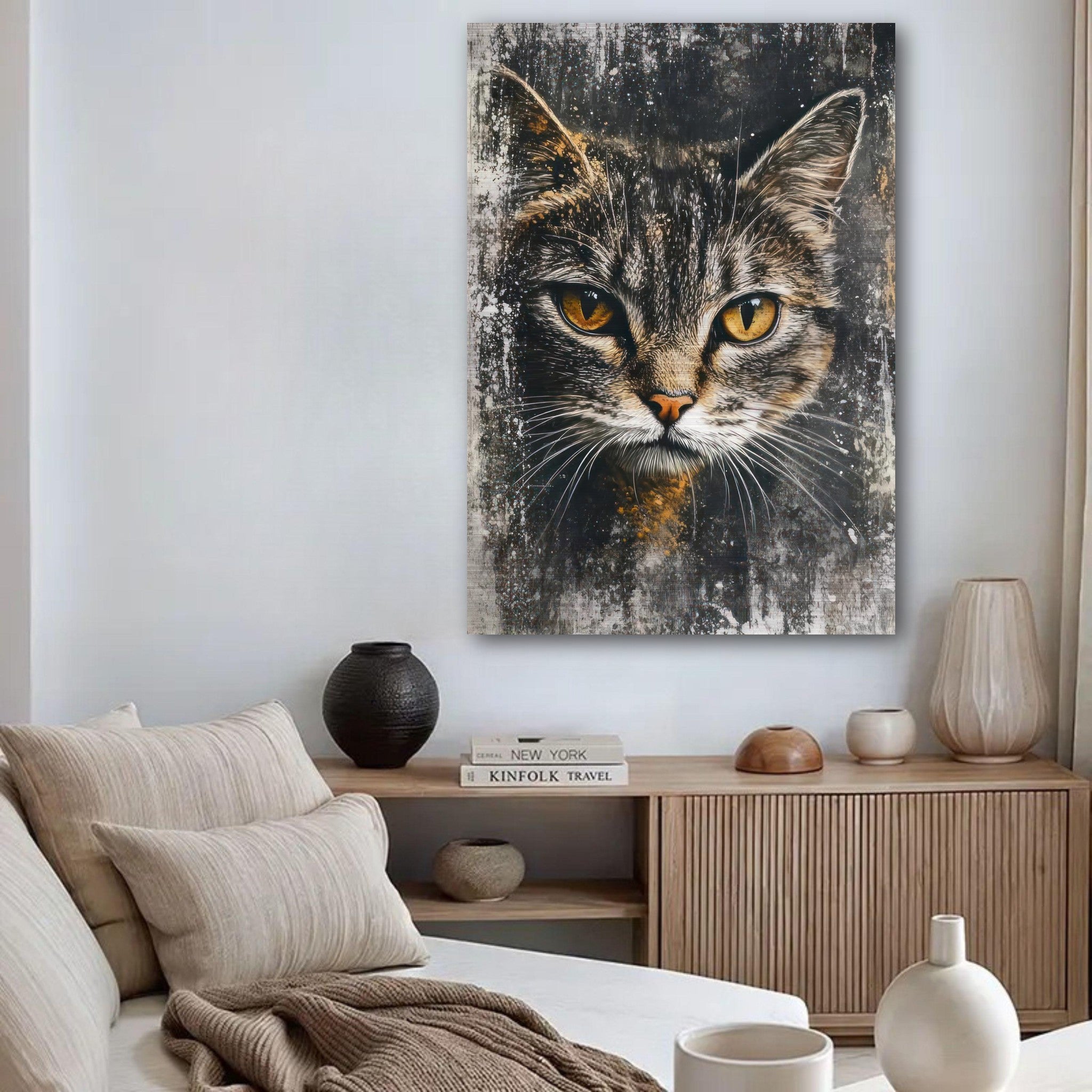 Cat painting artwork on brushed metal showcasing a lifelike feline portrait in a modern living room.