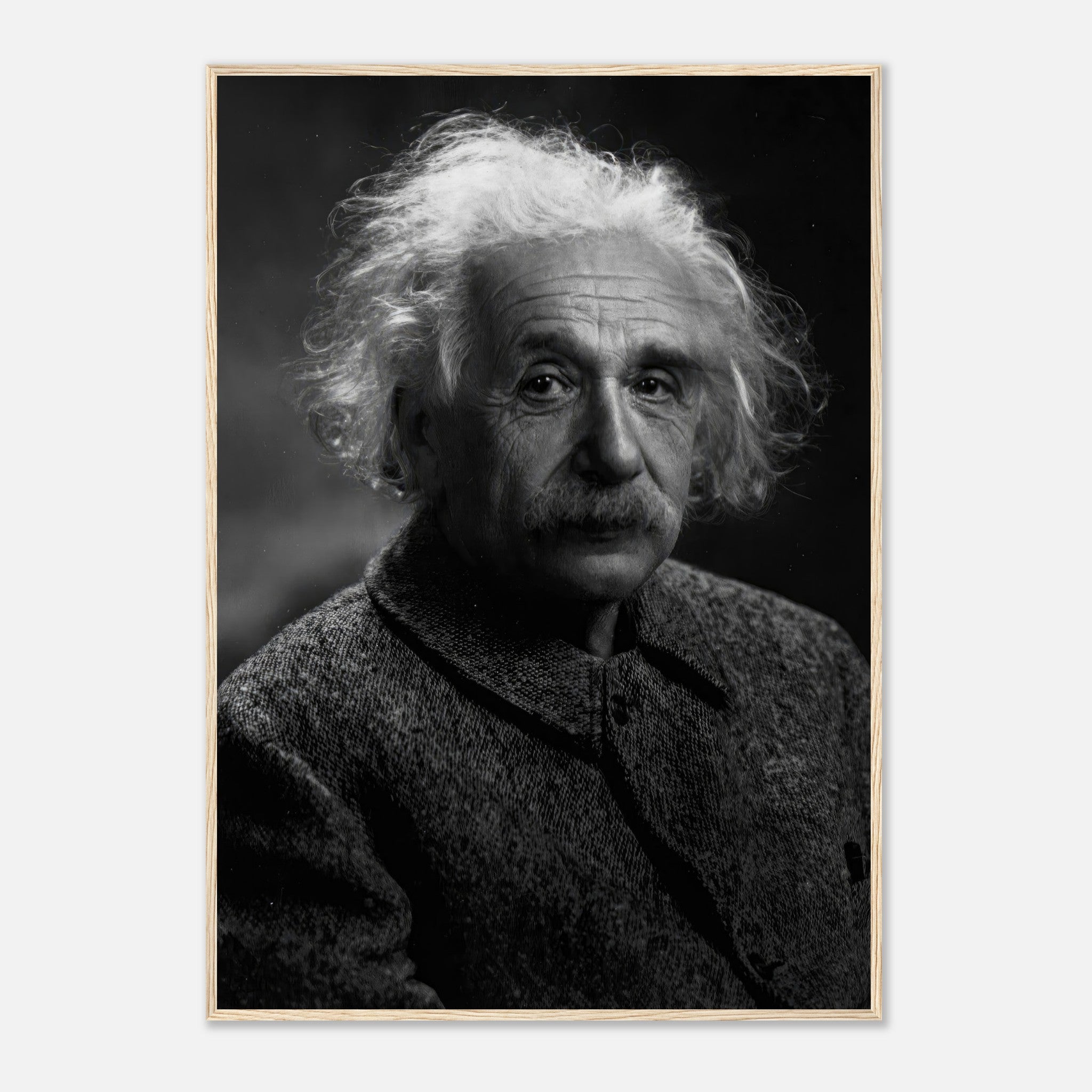 Albert Einstein portrait framed print, capturing the iconic physicist's thoughtful expression in black-and-white.