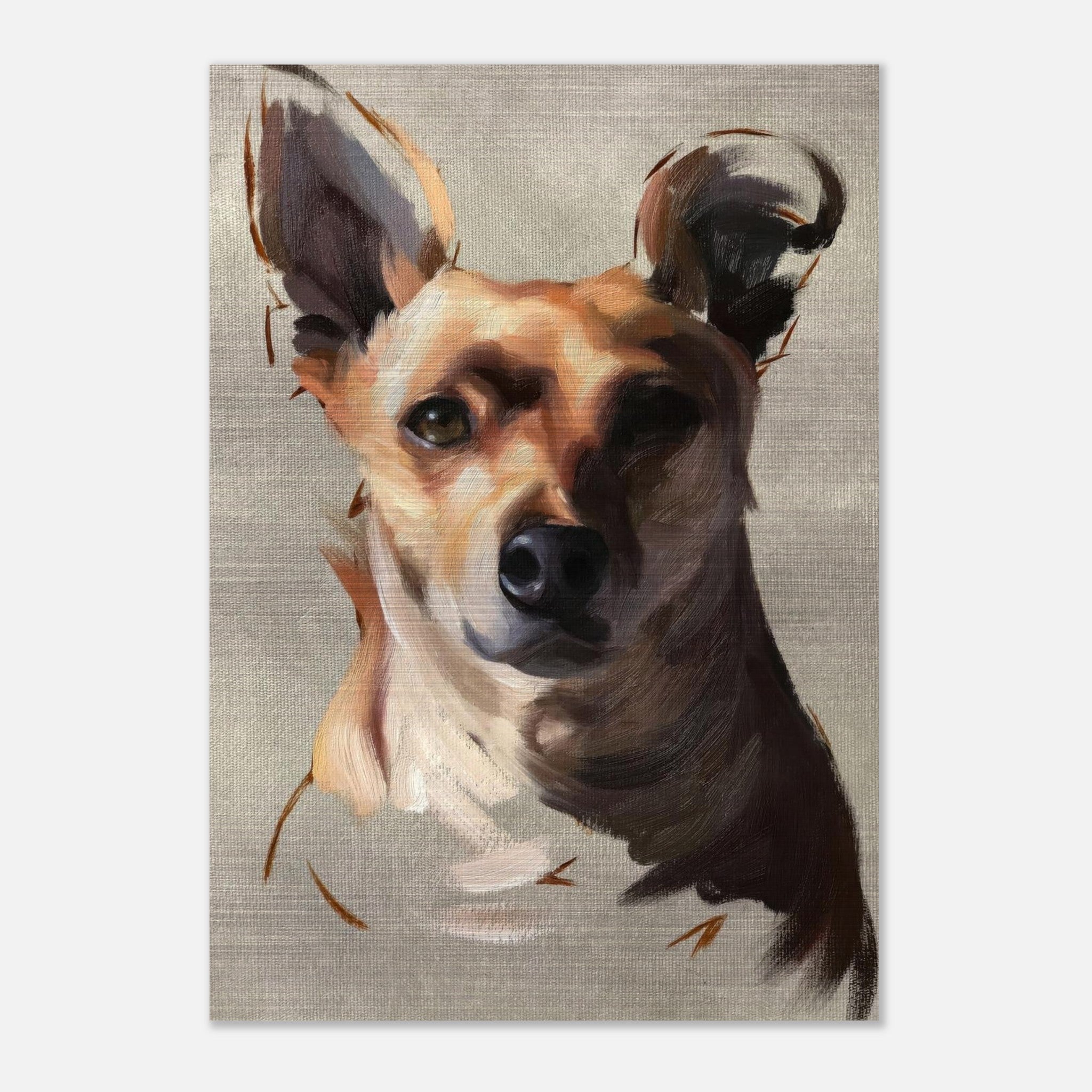 Chihuahua dog painting on brushed metal, vibrant and detailed portrait capturing the breed's charm and personality.