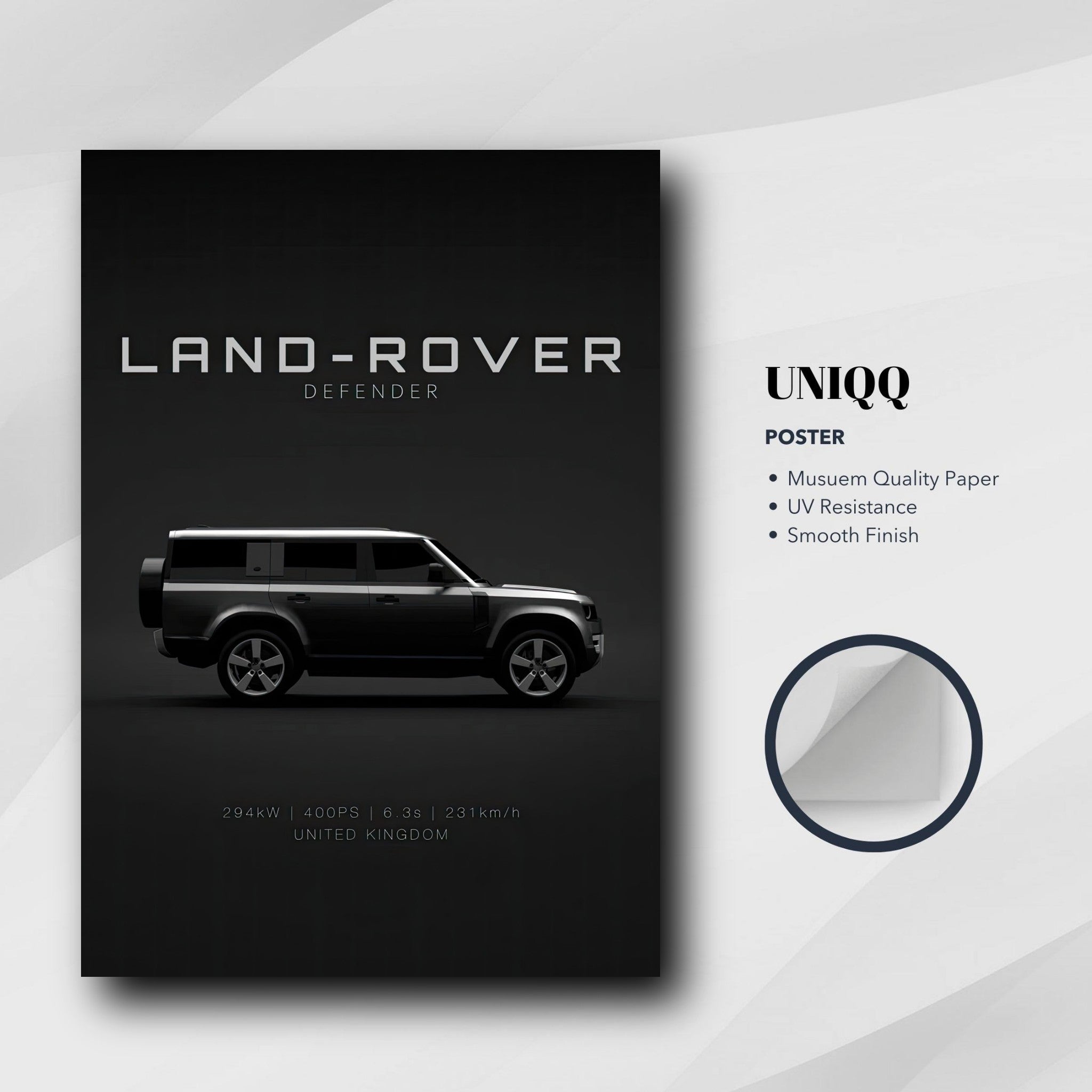 Land Rover Defender poster with minimalist design showcasing the vehicle against a dark backdrop.