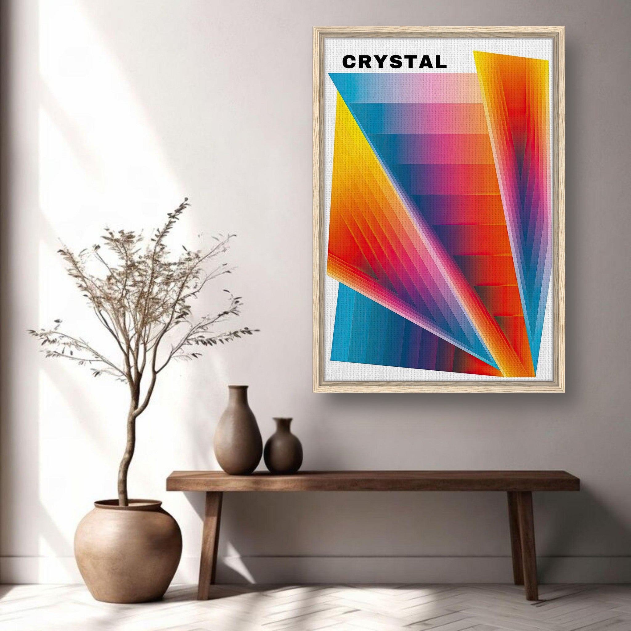 Framed Crystal Abstract Art print featuring vibrant colors and geometric shapes in a modern interior setting.