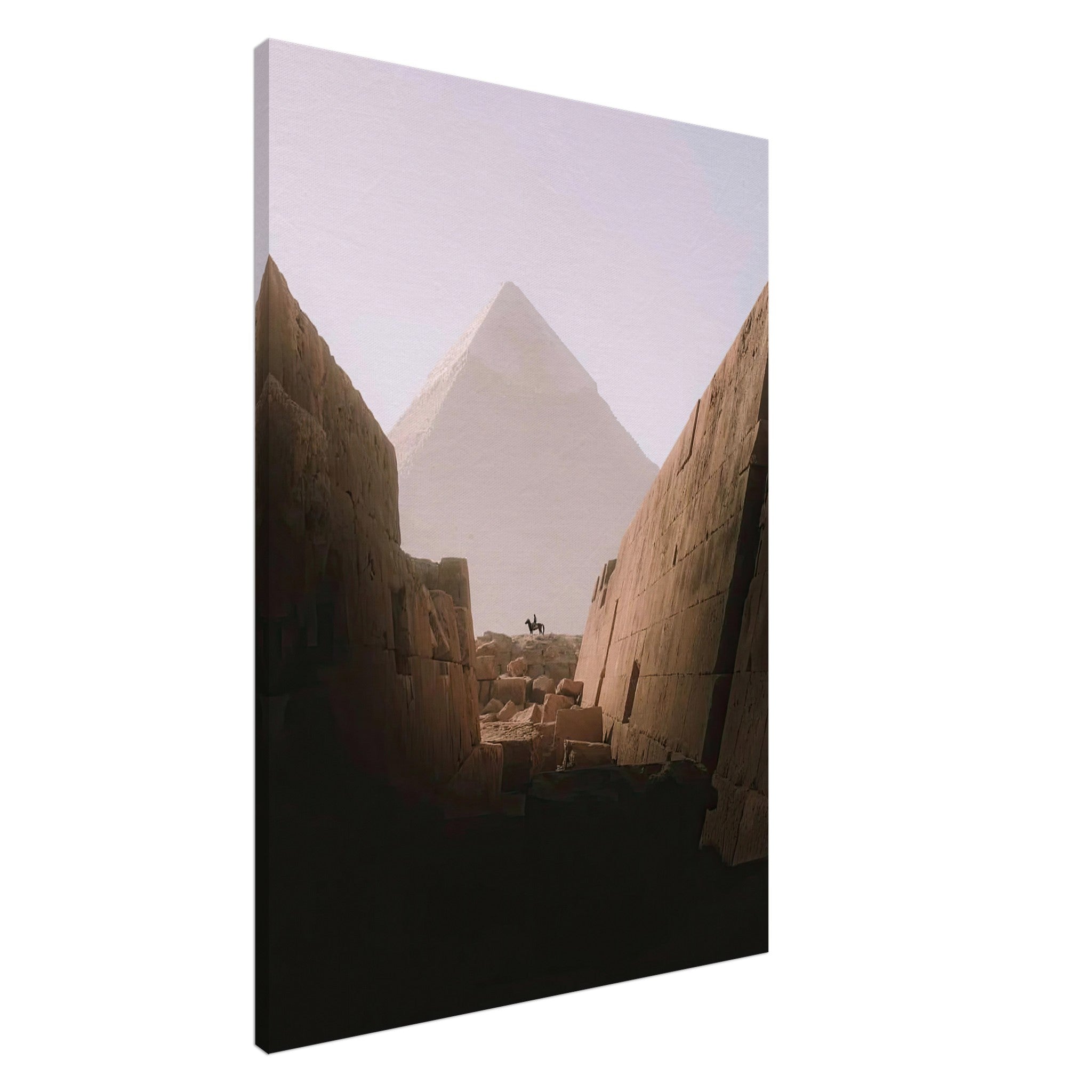 Horse and rider silhouetted against the Great Pyramid of Giza in warm desert light on canvas print.