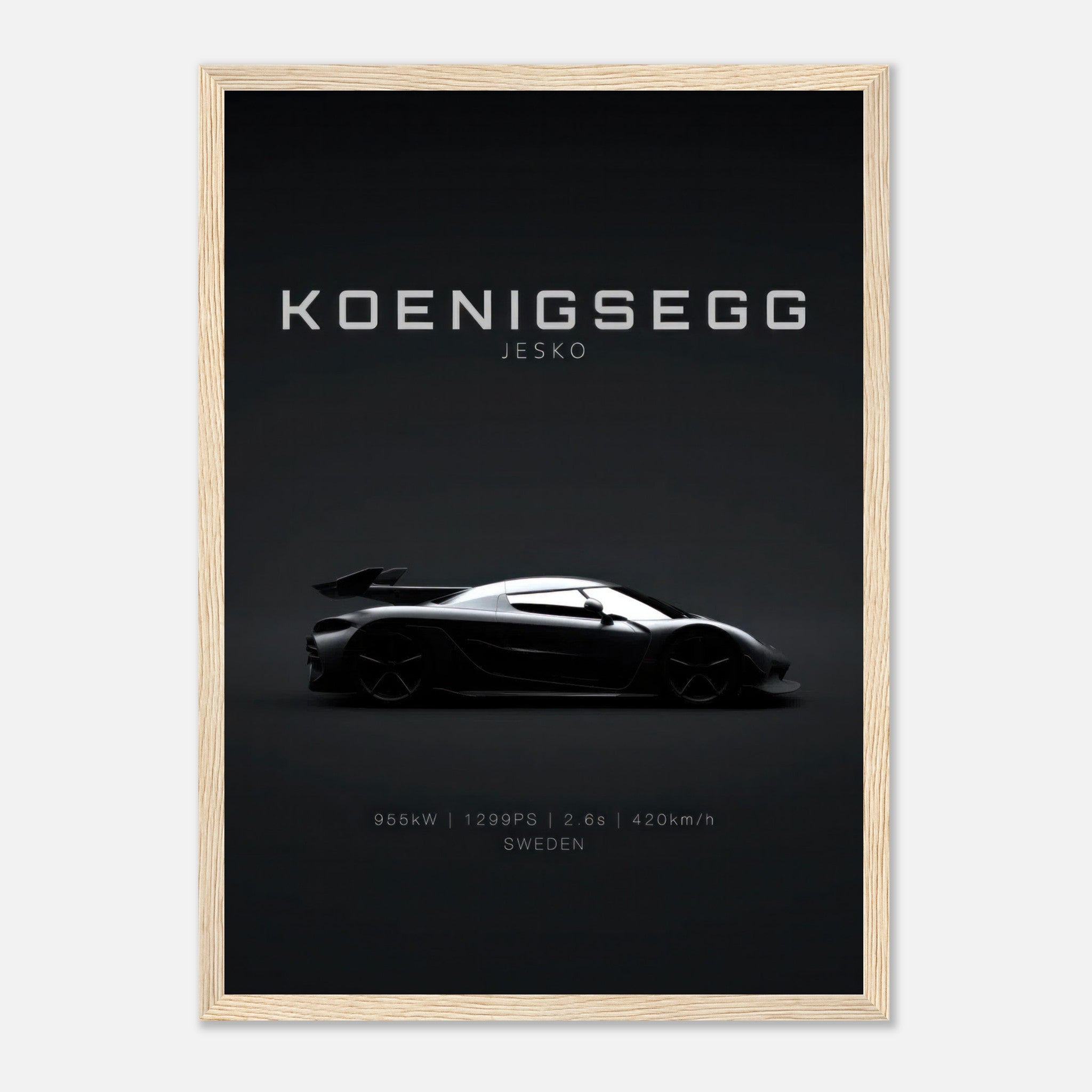 Koenigsegg Jesko framed poster showcasing the sleek silhouette of the hypercar against a minimalist black background.