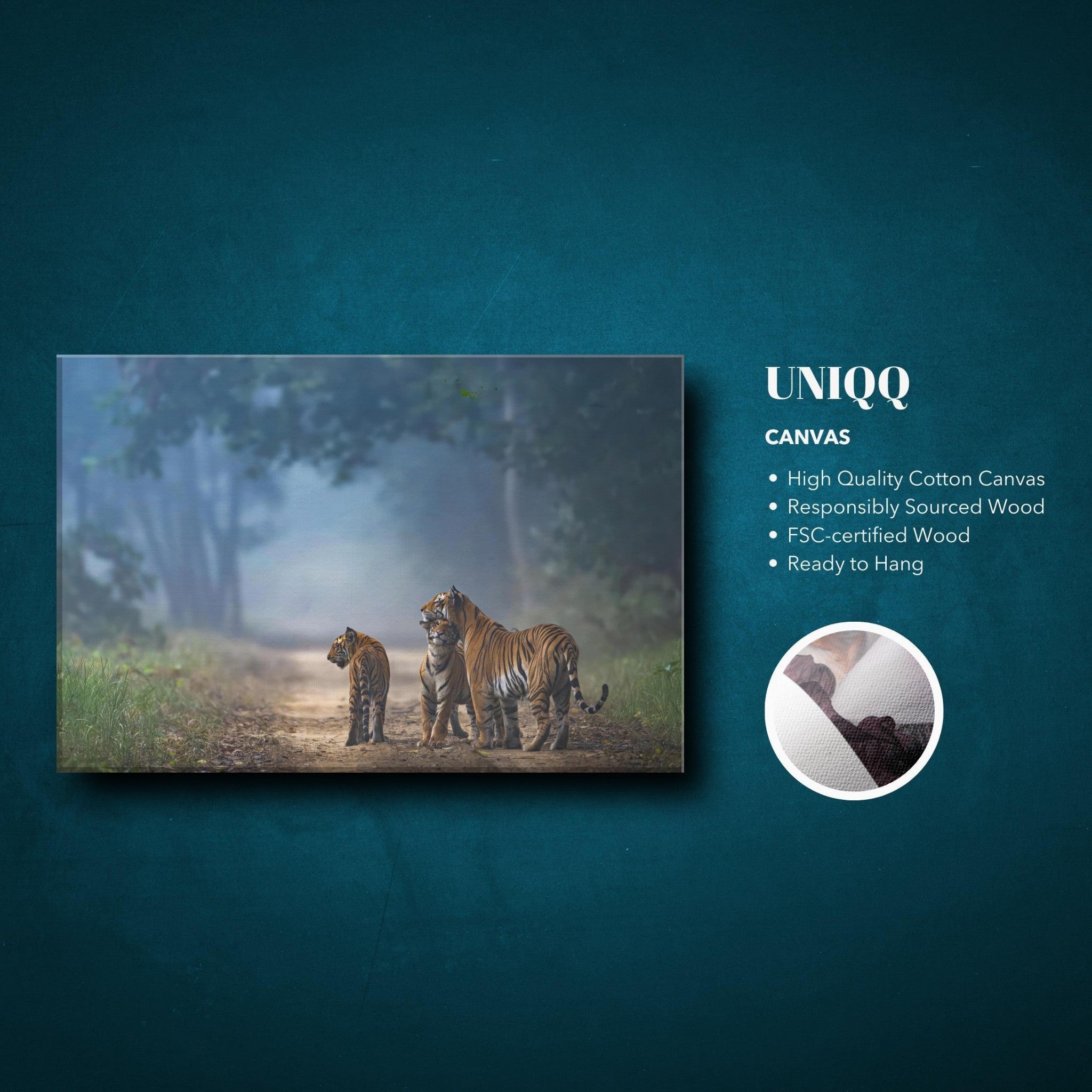 Canvas artwork featuring a serene tiger family walking through a misty forest, symbolizing strength and unity.