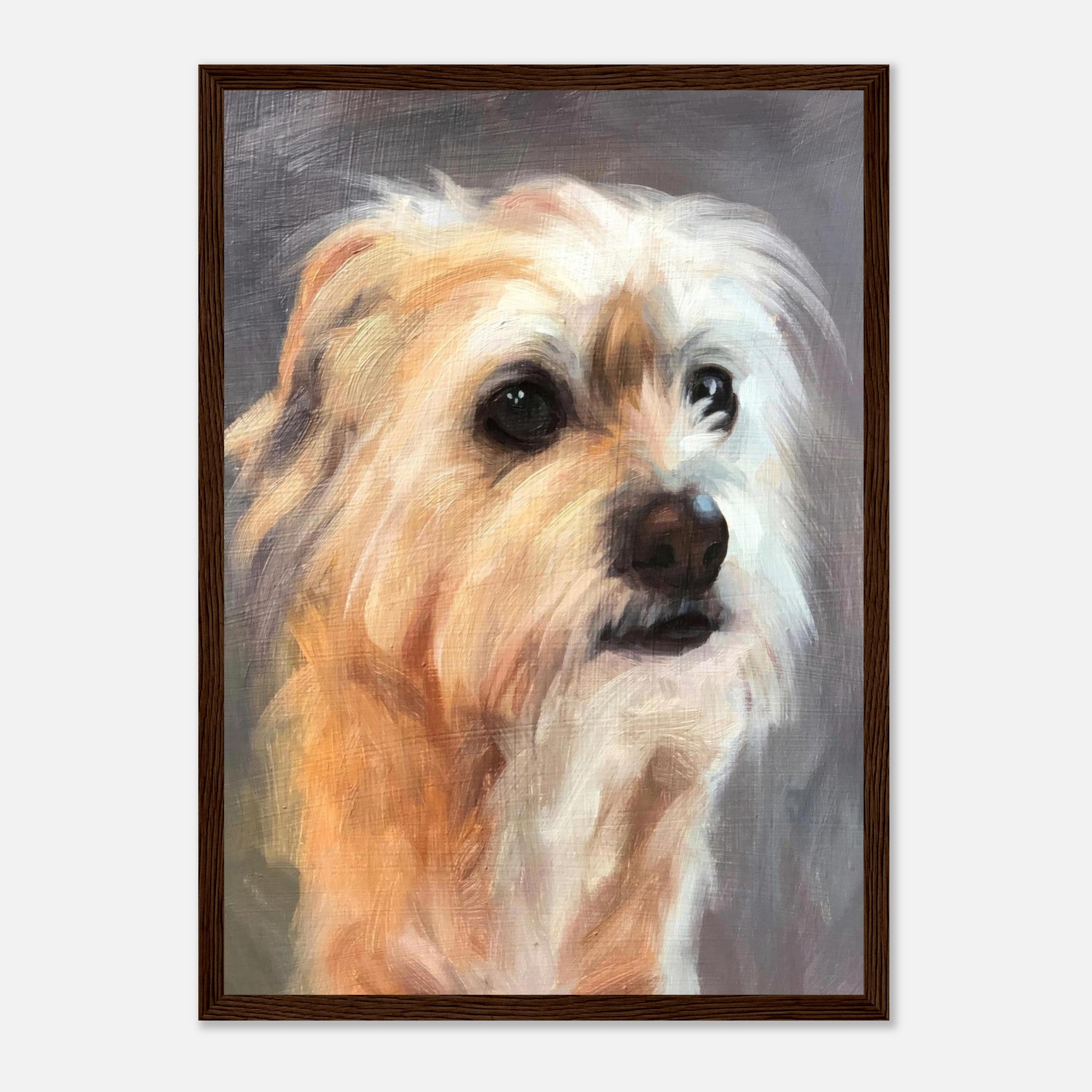 Framed print of a terrier dog painting showcasing expressive eyes and textured fur.