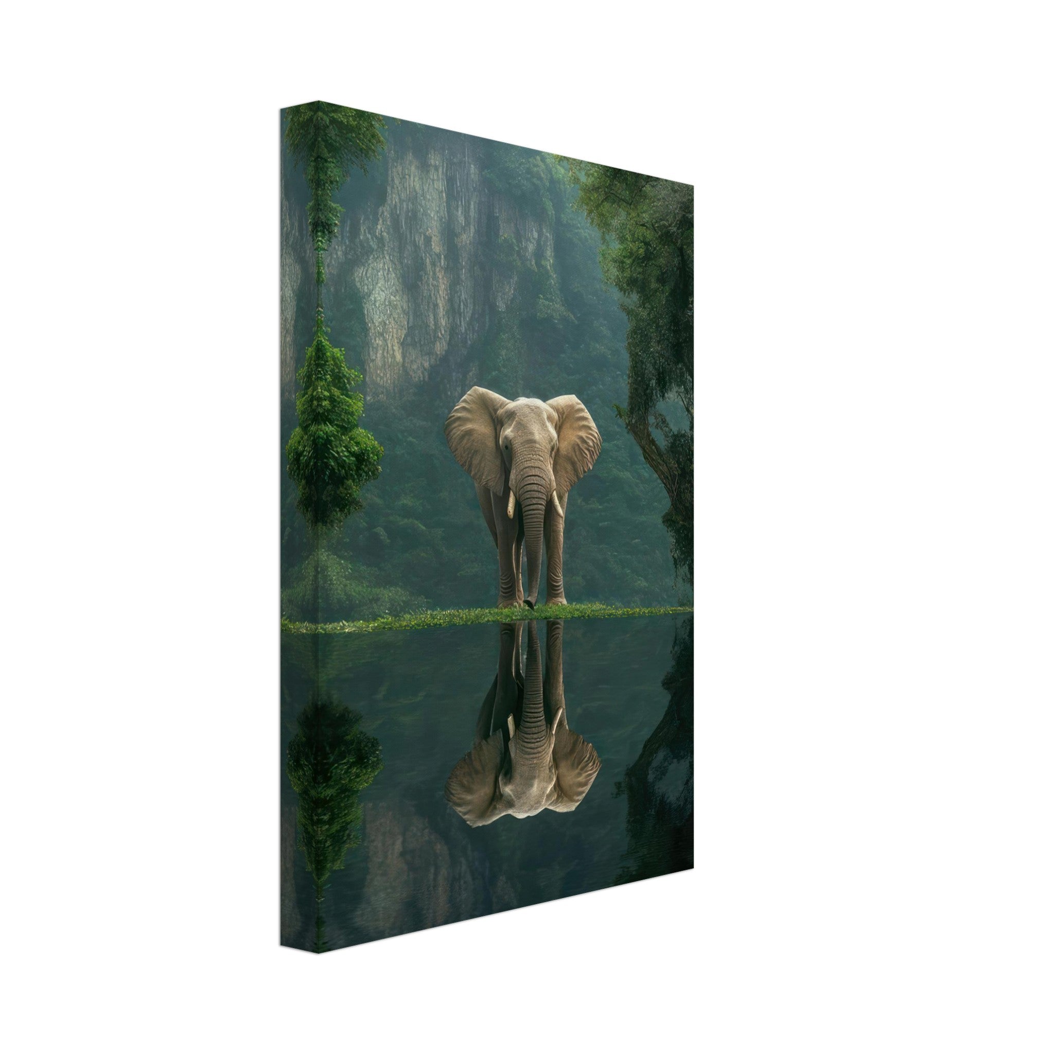 Jungle Elephant Portrait canvas print showcasing an elephant by a tranquil reflective pool amidst lush jungle scenery.