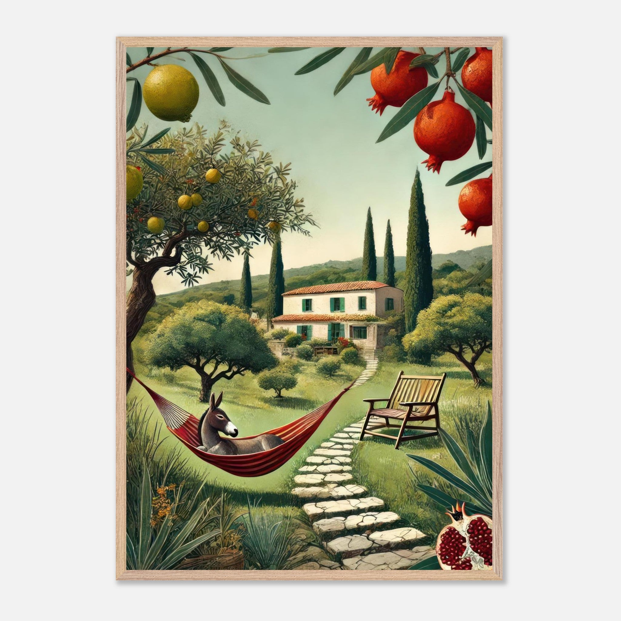 Vintage framed print of a Mediterranean landscape featuring a villa, olive trees, and a relaxing hammock.