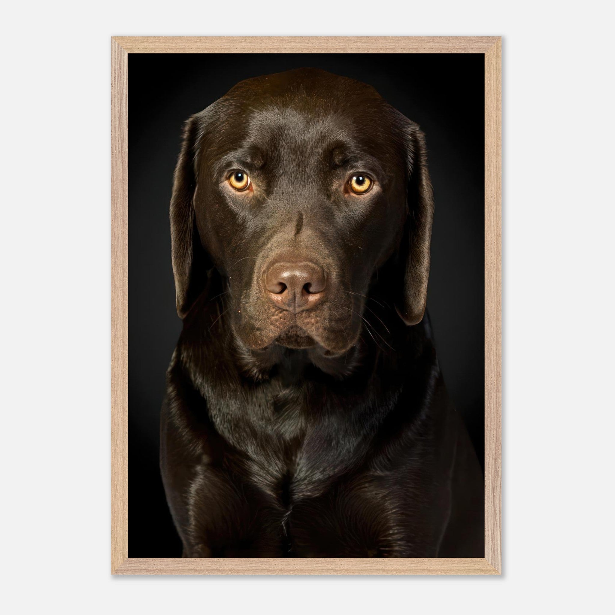 Chocolate Labrador portrait in museum-quality frame, showcasing the dog's soulful gaze and glossy coat.