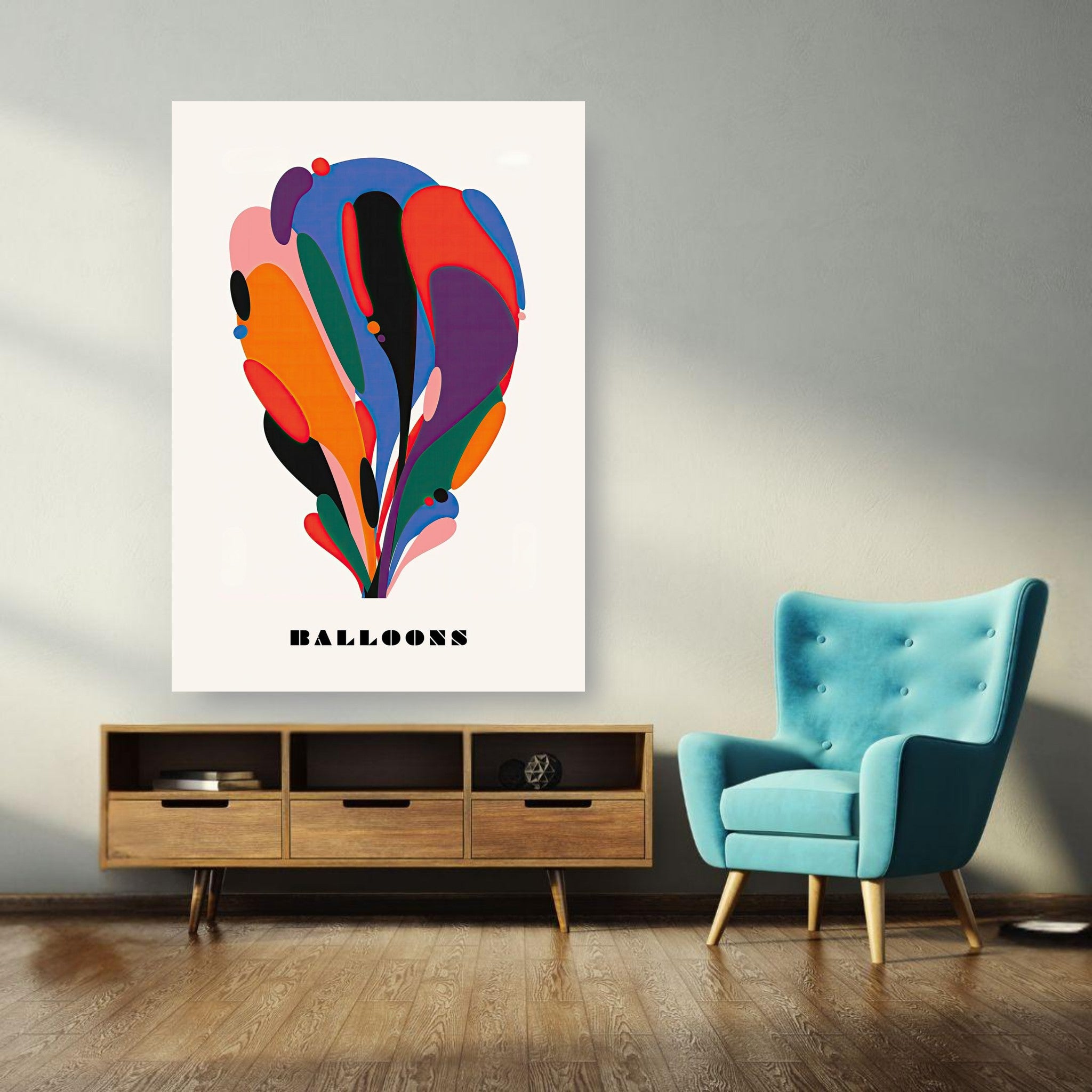 Abstract Balloon Art poster featuring vibrant colors, perfect for enhancing modern interior spaces.