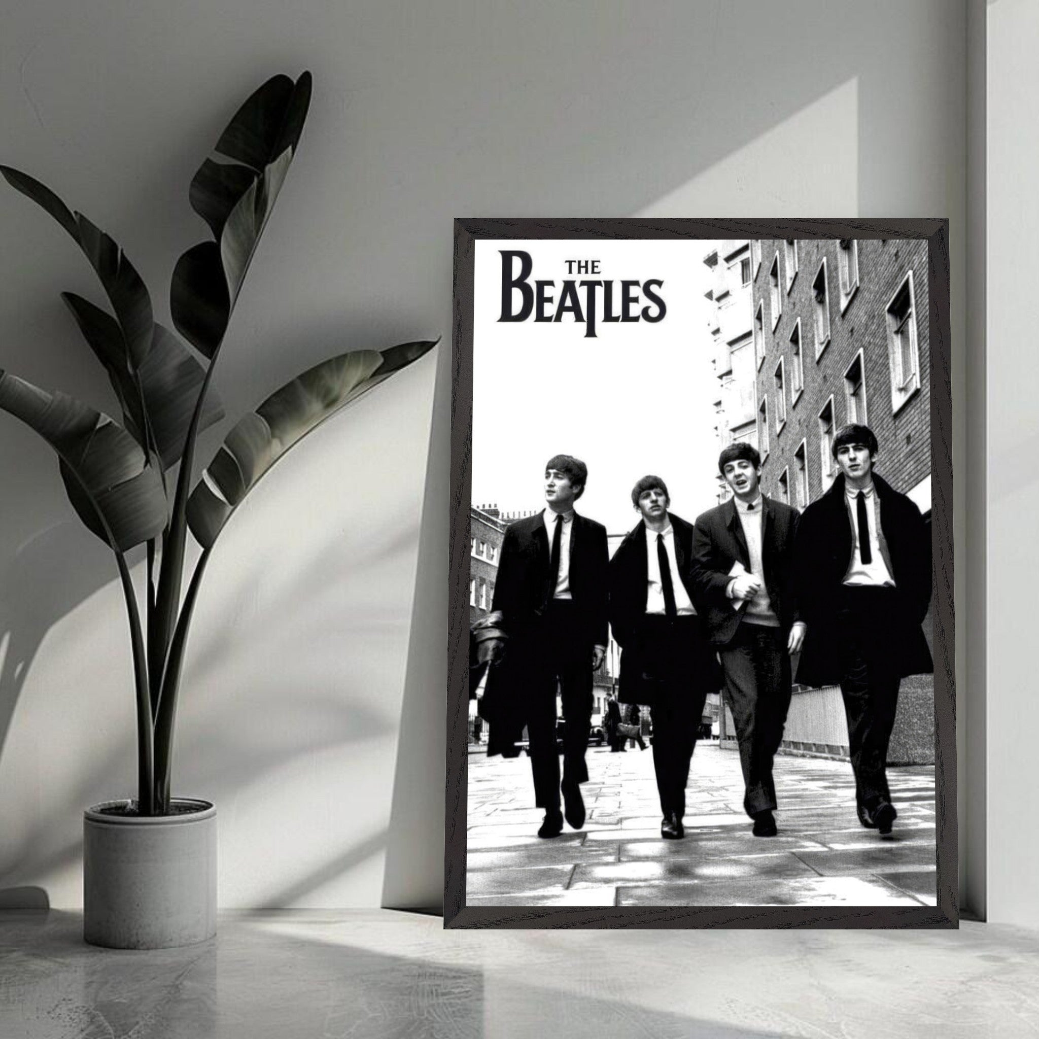 The Beatles cover fine art print in black and white, showcasing the iconic band walking in stylish suits.