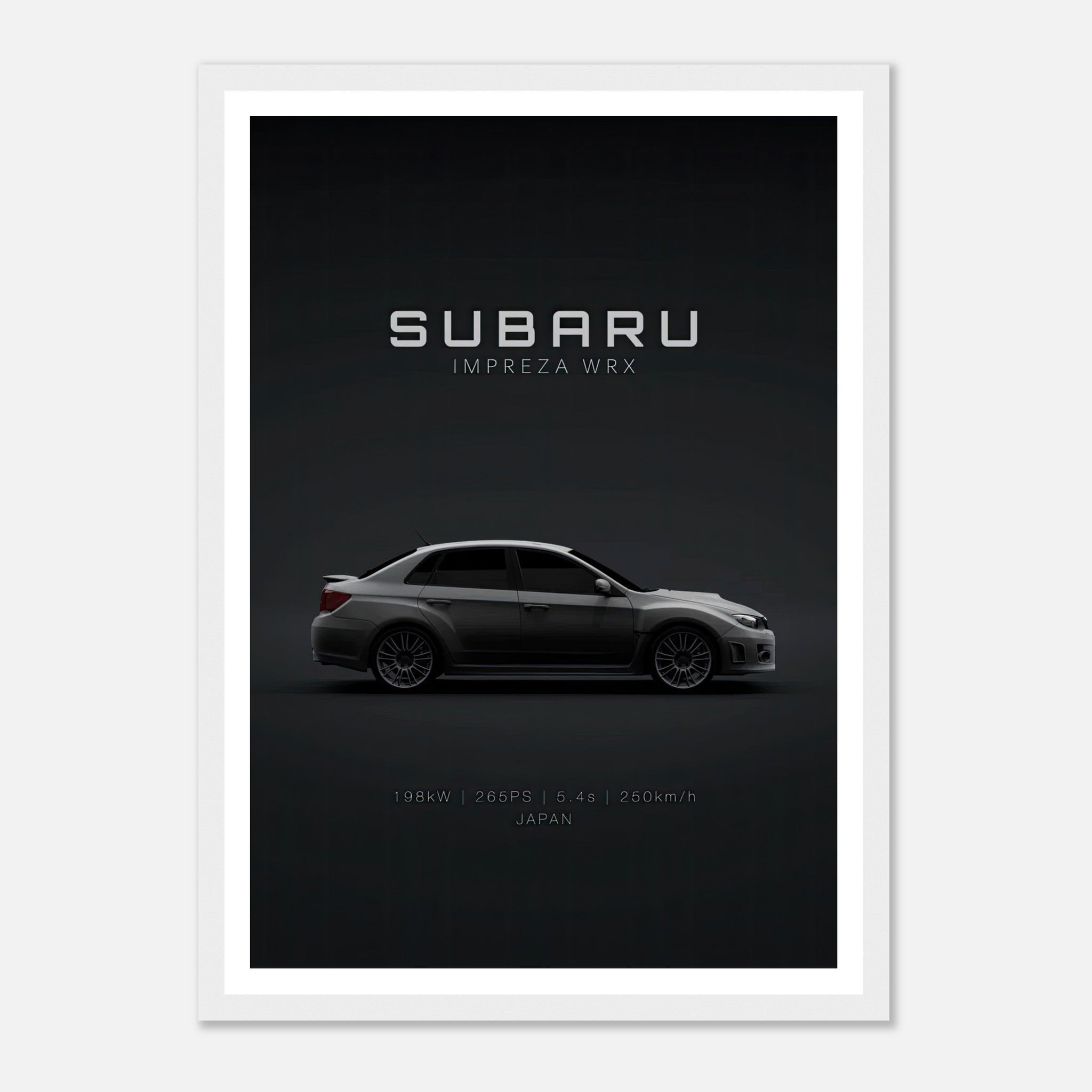 Framed poster of Subaru Impreza WRX showcasing sleek design and performance specs on a dark background.