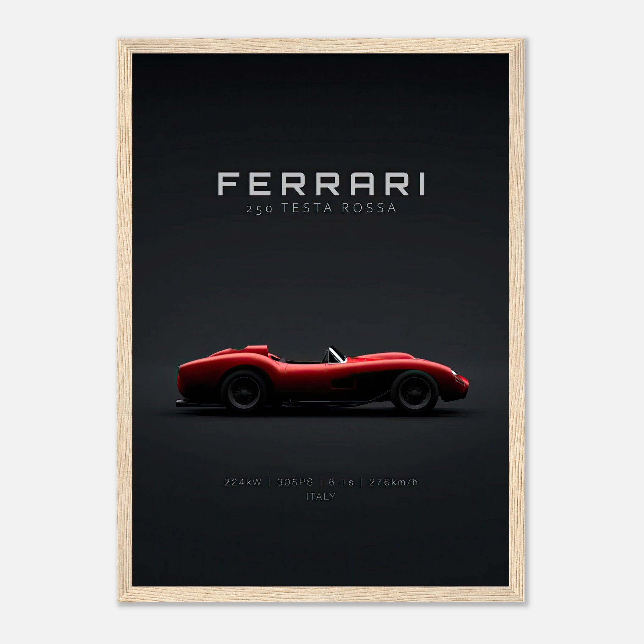 Ferrari 250 Testa Rossa framed poster featuring a sleek red car on a minimalist black background.