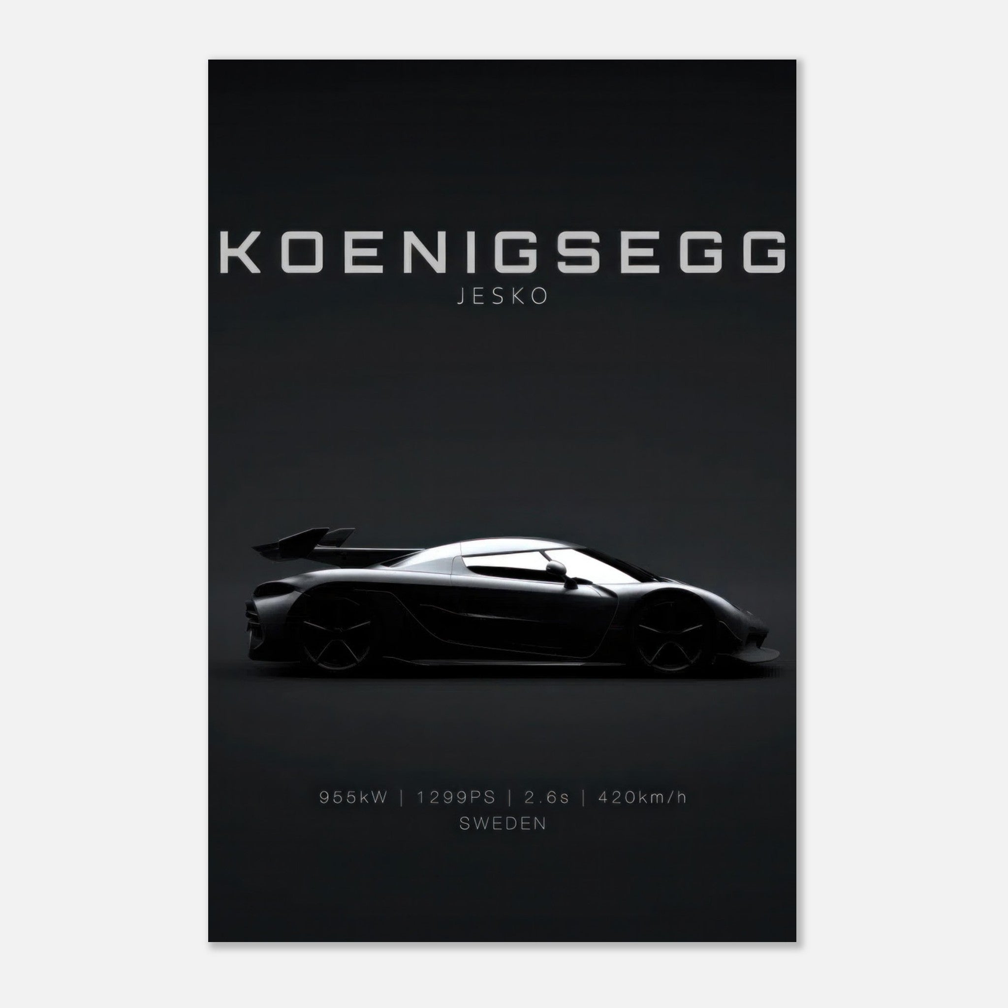 Koenigsegg Jesko metal print showcasing the hypercar's sleek silhouette against a minimalistic black background.