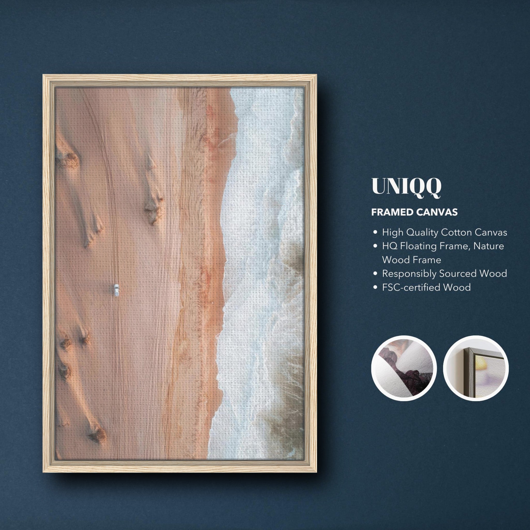 Framed canvas print of desert meeting ocean, showcasing high-quality cotton and responsibly sourced wood frame.