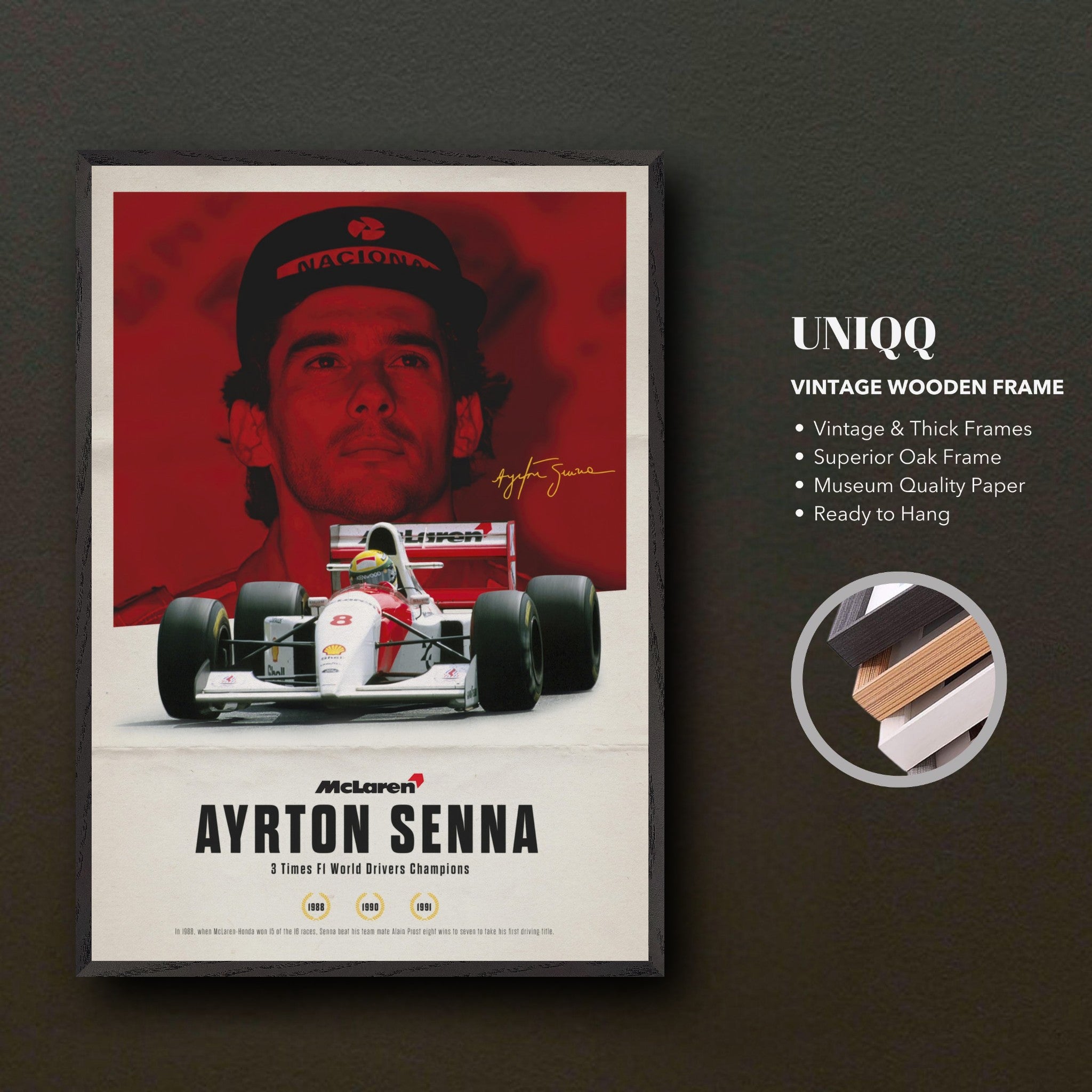 Ayrton Senna vintage framed art featuring his McLaren car and portrait, celebrating his F1 legacy.