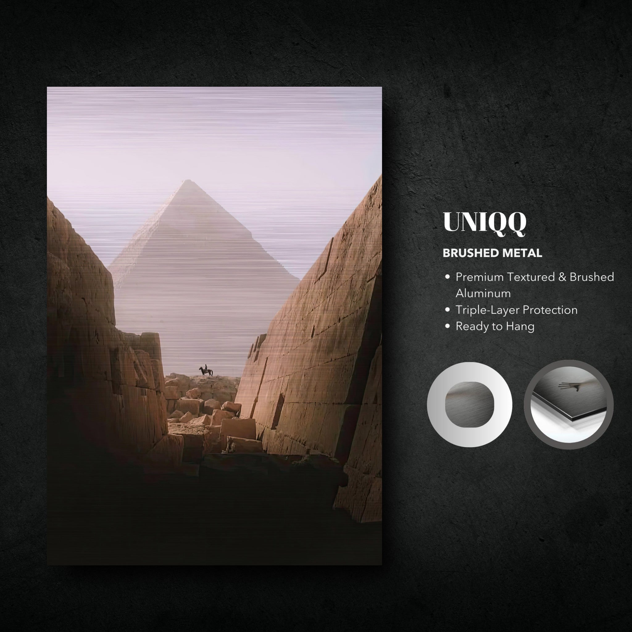 Horse and rider artwork featuring the Great Pyramid of Giza on brushed metal, showcasing ancient Egypt's beauty.