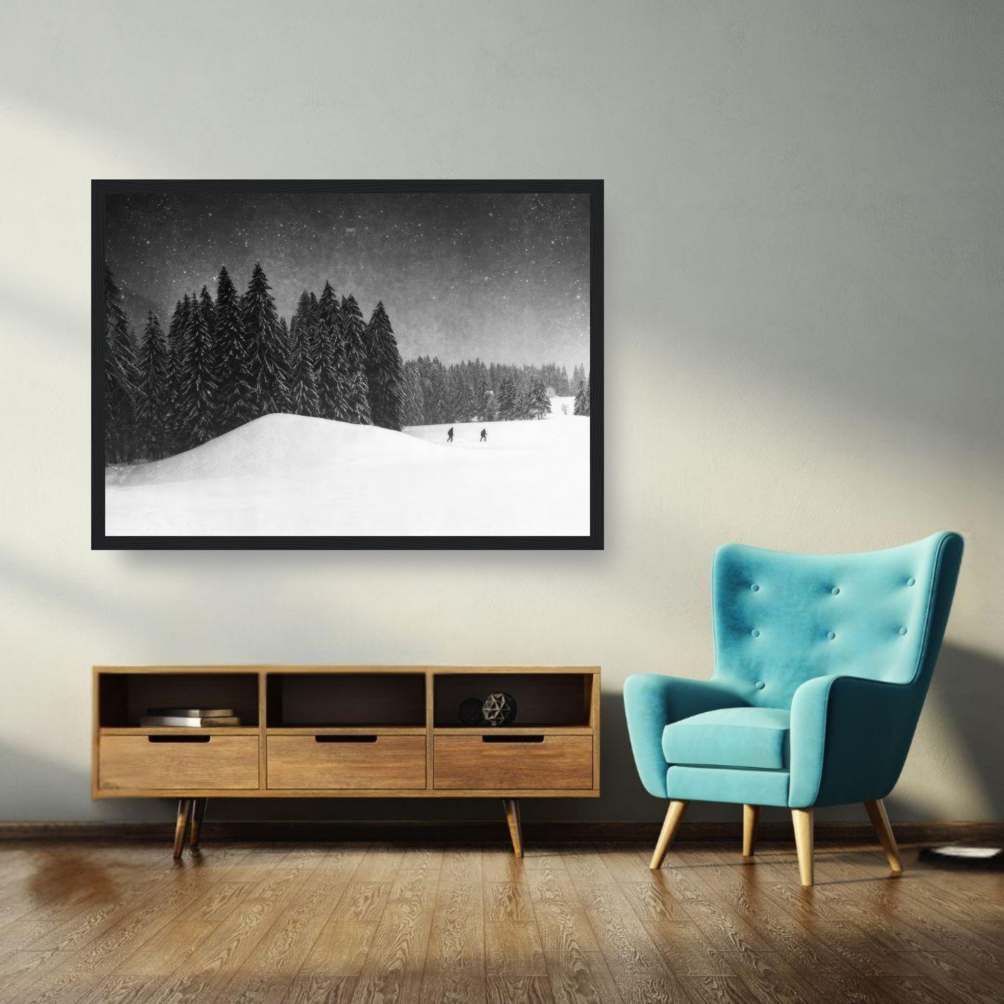 Winter Crossing framed print showcasing a serene snow-covered forest in a stylish living room.