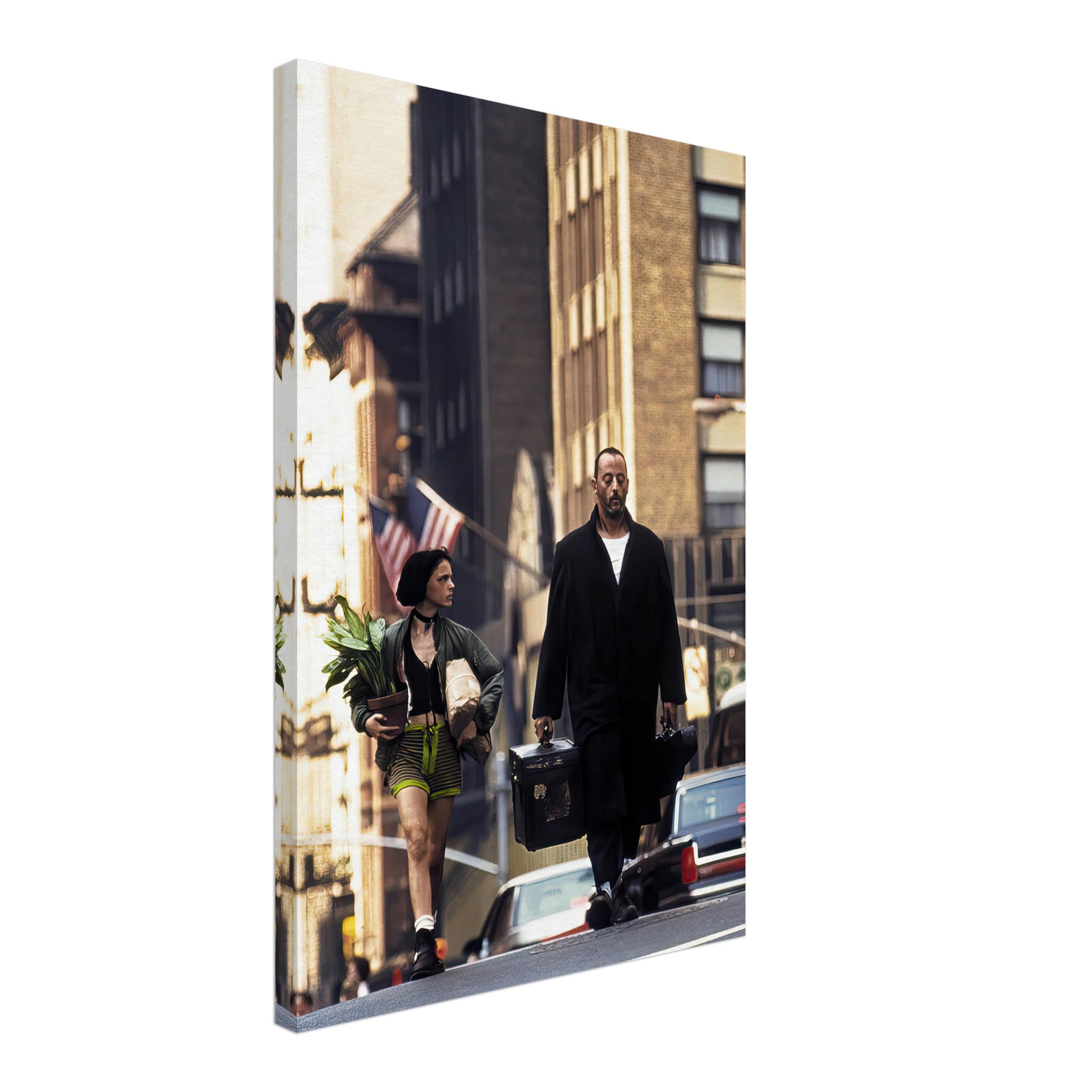 Jean Reno and Natalie Portman walking together in iconic scene from Leon: The Professional on canvas.