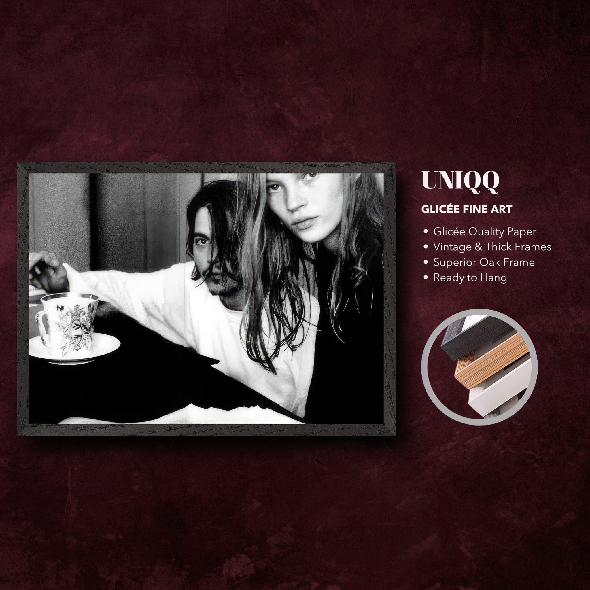 Rebel Romance fine art print featuring Johnny Depp and Kate Moss, framed in vintage oak, ready to hang.