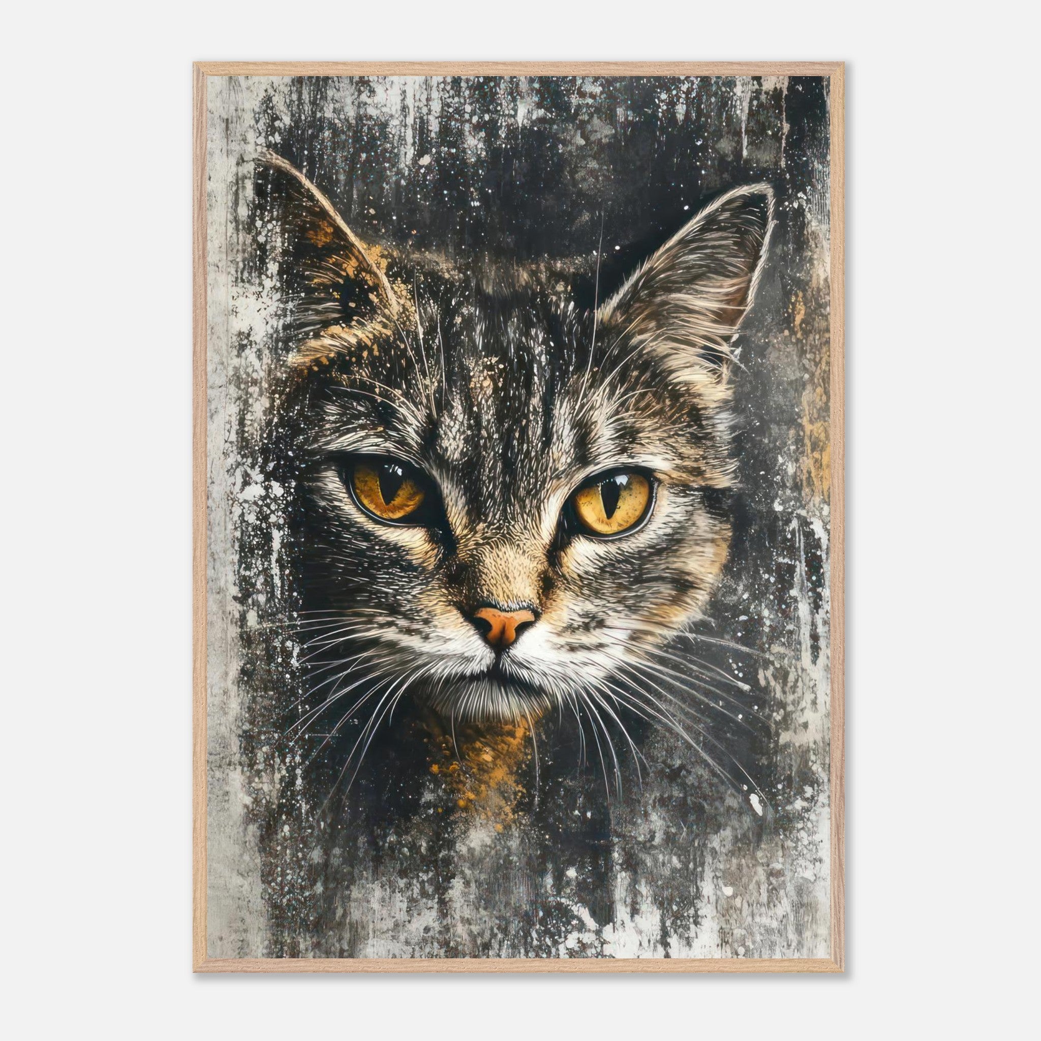 Cat painting artwork featuring a majestic feline with piercing golden eyes on textured background.