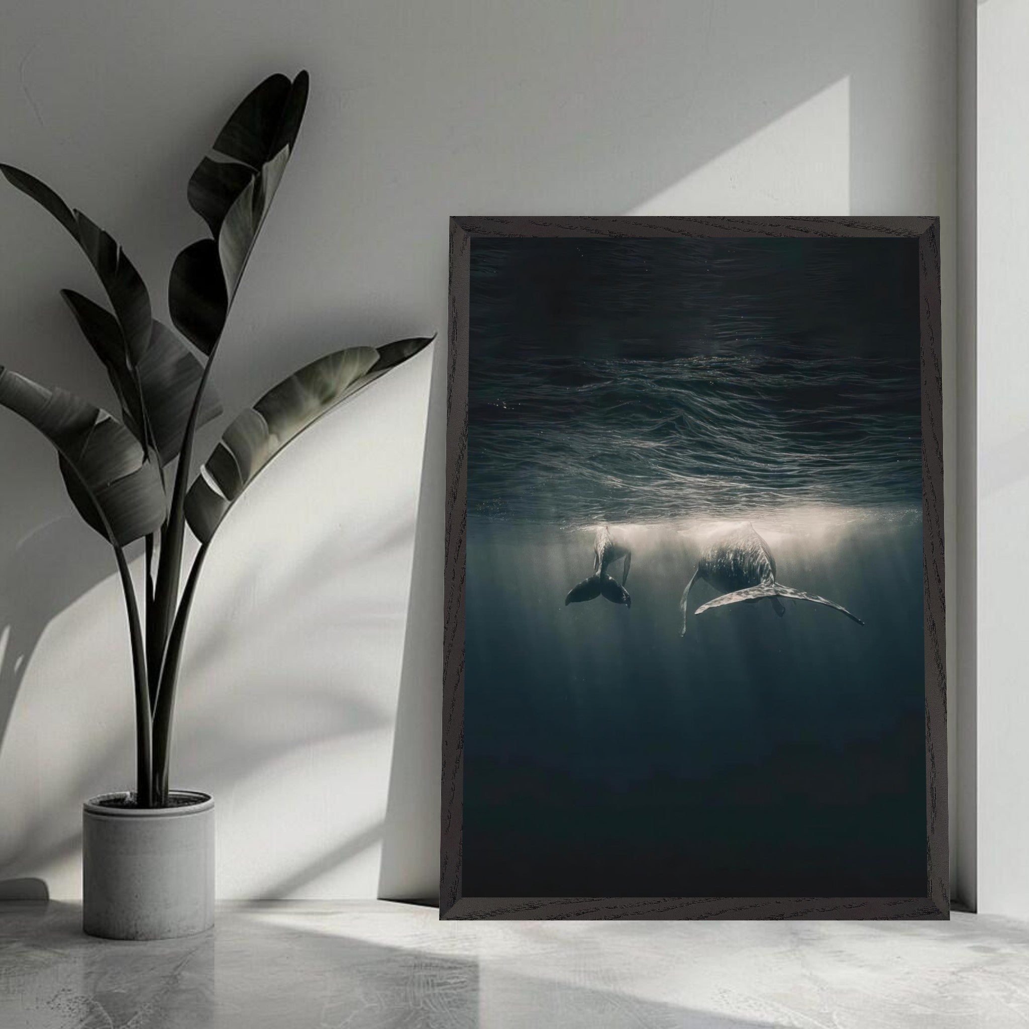 Fine art print of two whales underwater, showcasing serene ocean beauty and light reflections.