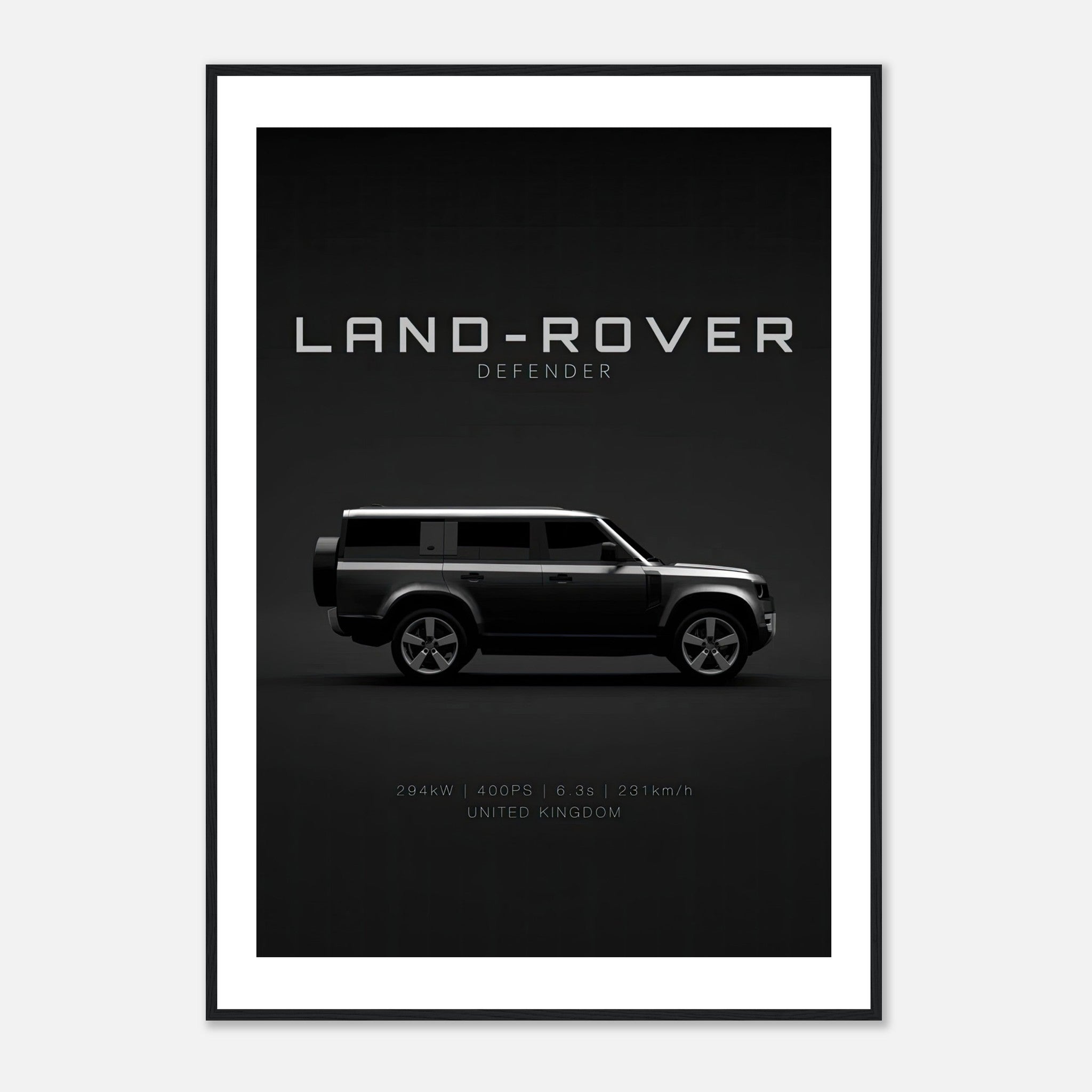 Framed print of Land Rover Defender, showcasing its sleek side profile and elegant design on a dark background.