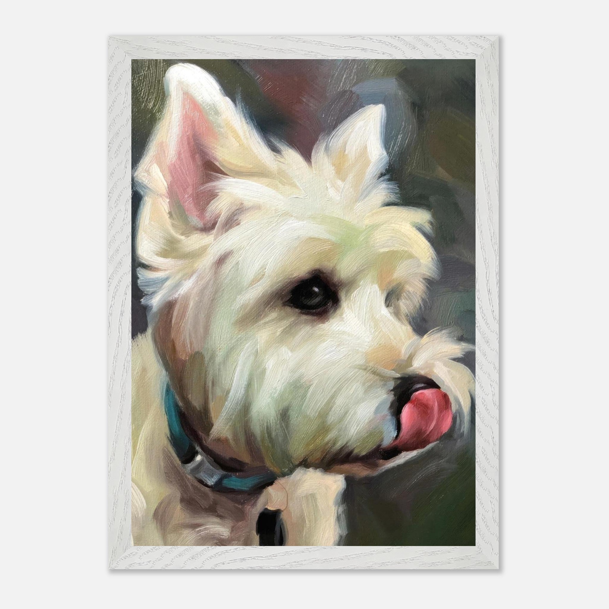 Westie dog painting in vintage frame, showcasing the playful spirit and details of a West Highland White Terrier.